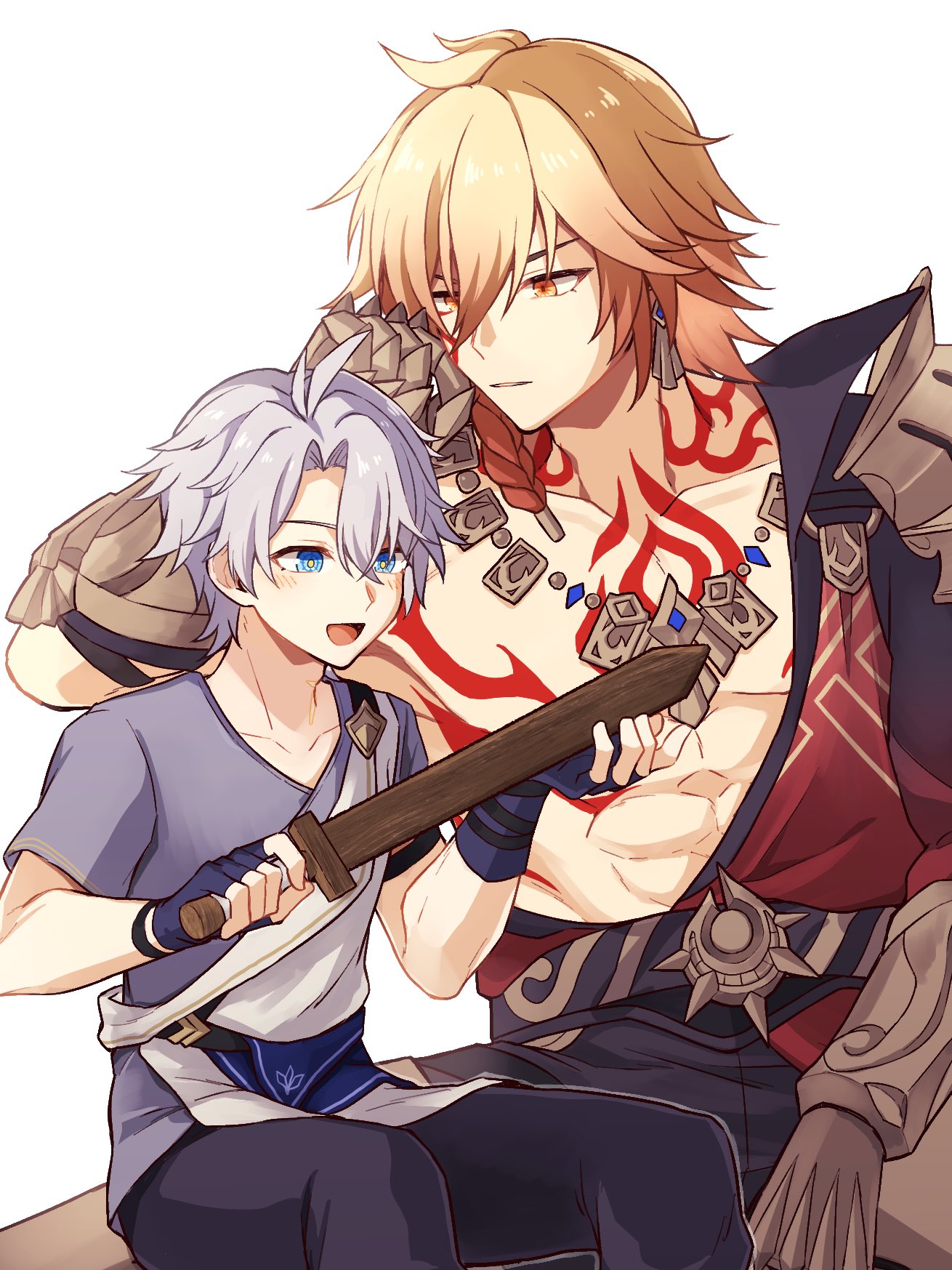 31767d, mydei (honkai: star rail), phainon (a dream scented in wheat) (honkai: star rail), phainon (honkai: star rail), honkai: star rail, honkai (series), commentary request, highres, 2boys, abs, aged up, antenna hair, arm tattoo, armlet, black coat, black panties, blonde hair, blue eyes, braid, chest tattoo, clawed gauntlets, coat, earrings, facial tattoo, gold earrings, gold necklace, gradient hair, grey shirt, hadanugi dousa, jewelry, male focus, medium hair, multicolored hair, multiple boys, necklace, official alternate costume, open clothes, open coat, open kimono, panties, parted bangs, red hair, red tattoo, shirt, short hair, side braid, simple background, sword, tattoo, toned, toned male, underwear, weapon, white background, white hair, wooden sword, yellow eyes