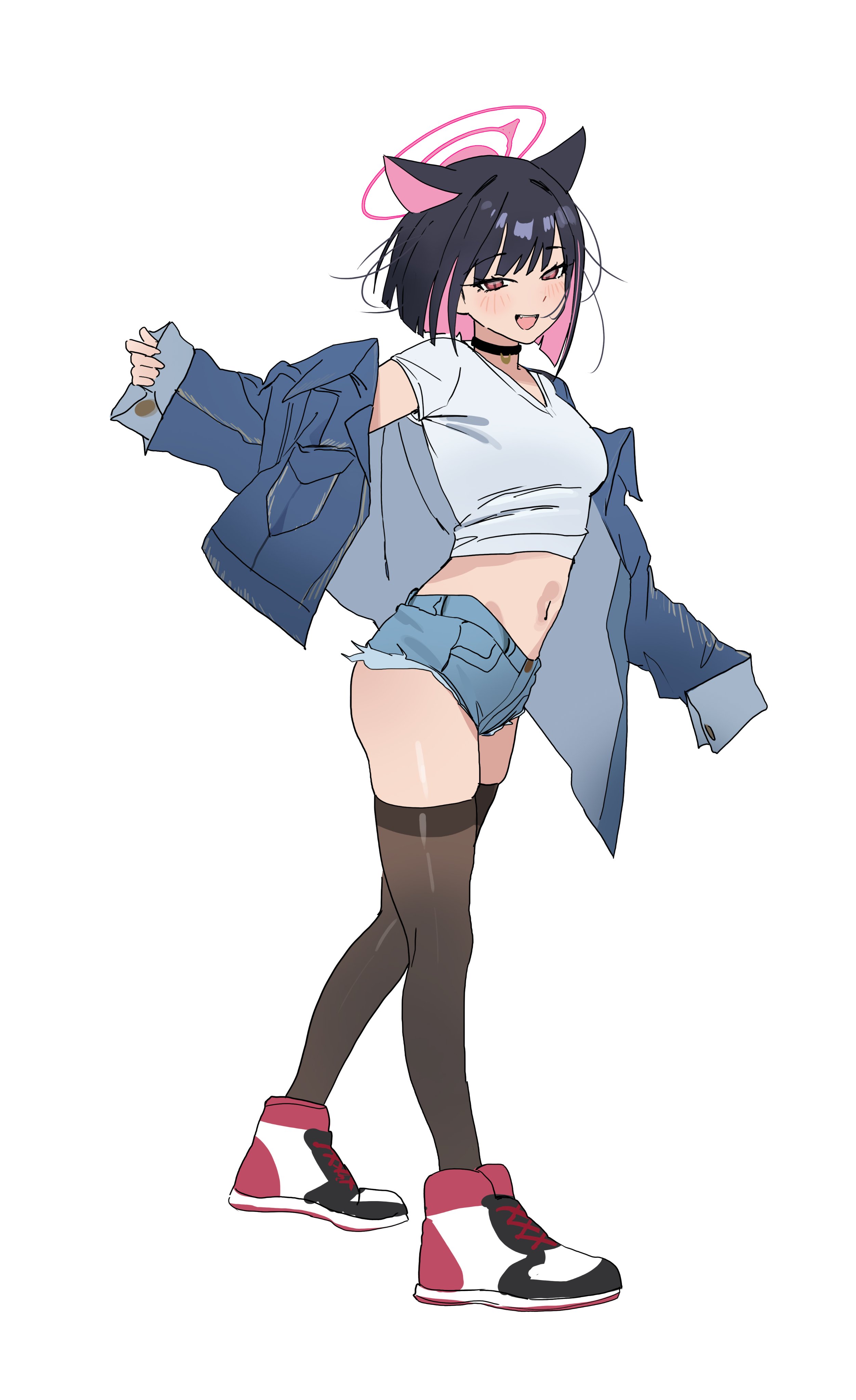 riel (rielilu), kazusa (blue archive), blue archive, absurdres, highres, 1girl, alternate costume, animal ears, black choker, cat choker, cat ears, cat girl, choker, colored inner animal ears, colored inner hair, extra ears, full body, halo, multicolored hair, pink hair, pink halo, simple background, solo, two-tone hair