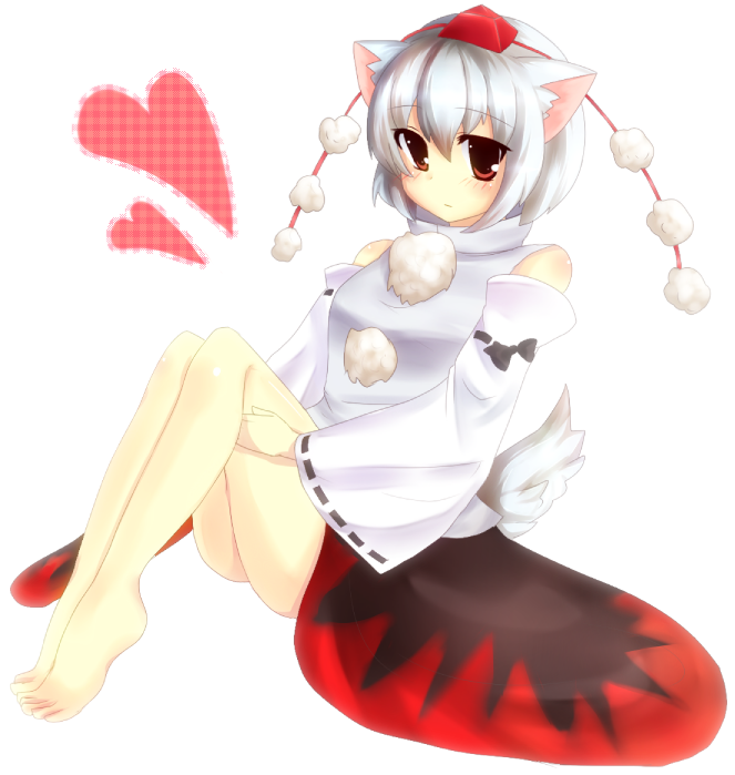kohaku., kohaku (pixiv321156), kurami (kohaku.), inubashiri momiji, touhou, silver hair, 1girl, animal ears, barefoot, detached sleeves, feet, female focus, full body, hat, red eyes, short hair, simple background, sitting, solo, tail, tokin hat, white background, wolf ears, wolf tail