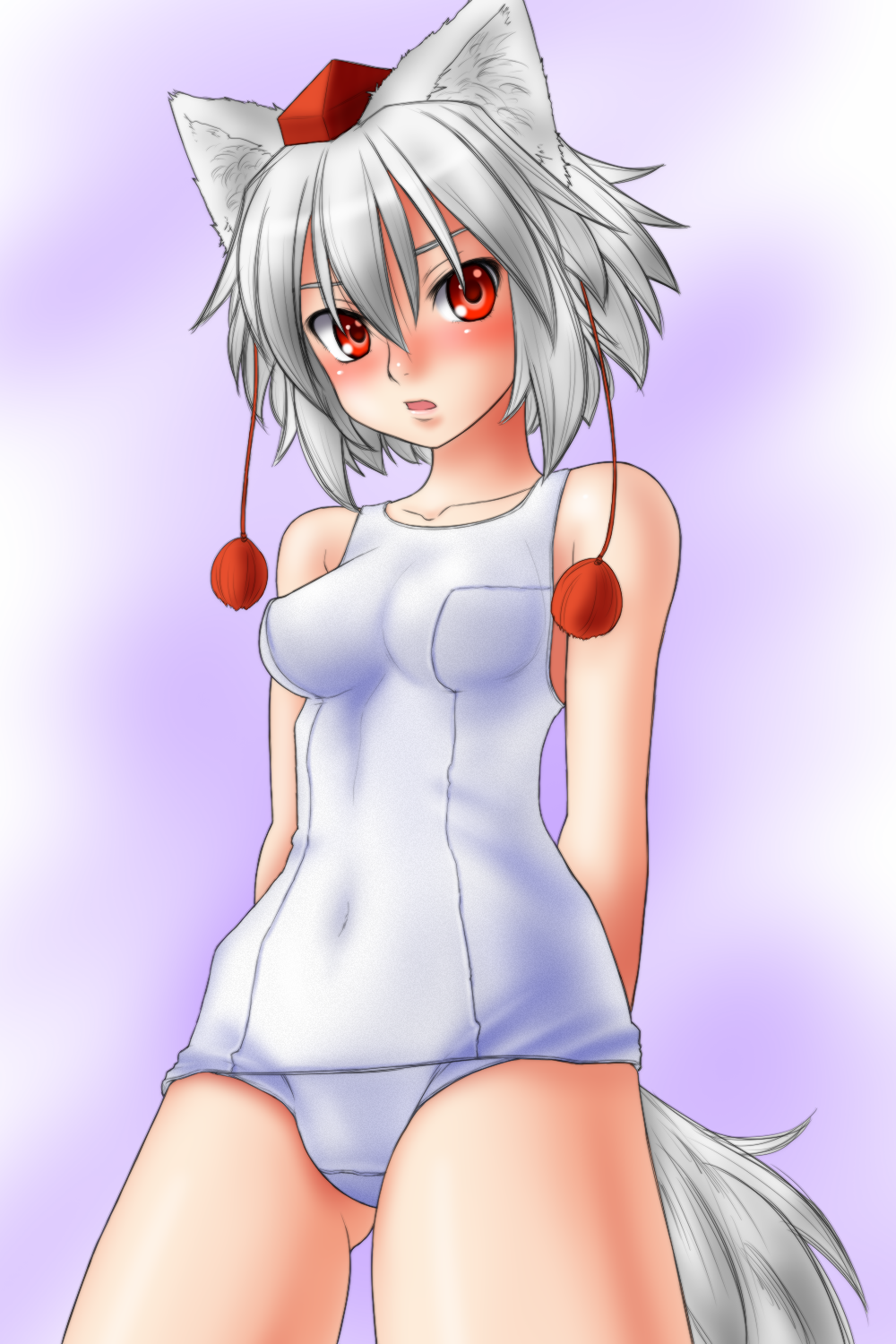 five-seven (0verlimits), inubashiri momiji, touhou, silver hair, highres, 1girl, animal ears, bare shoulders, blush, breasts, female focus, gradient background, hat, one-piece swimsuit, red eyes, school swimsuit, short hair, solo, swimsuit, tail, tokin hat, white one-piece swimsuit, white school swimsuit, wolf ears, wolf tail