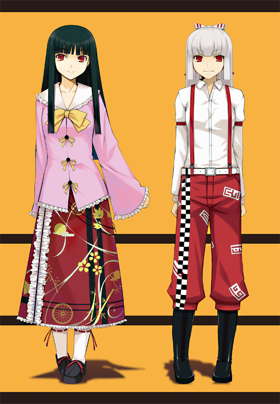 hareno chiame, fujiwara no mokou, houraisan kaguya, touhou, silver hair, bad id, bad pixiv id, 2girls, black hair, blunt bangs, boots, bow, female focus, grin, hair bow, letterboxed, long hair, multiple girls, red eyes, smile, suspenders
