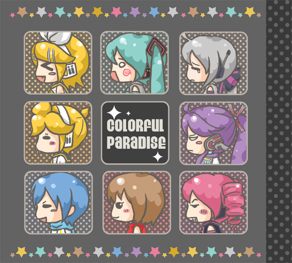hachune miku, hatsune miku, kagamine len, kagamine rin, kaito (vocaloid), kamui gakupo, kasane teto, kasane teto (utau), meiko (vocaloid), yowane haku, utau, vocaloid, silver hair, bad id, bad piapro id, bad pixiv id, md5 mismatch, > <, 3boys, 5girls, = =, blonde hair, blue hair, blush stickers, brown hair, chibi, clenched teeth, closed eyes, crossover, drill hair, english text, fang, green hair, headphones, multiple boys, multiple girls, o o, pink hair, purple hair, star (symbol), tears, teeth, twin drills, twintails