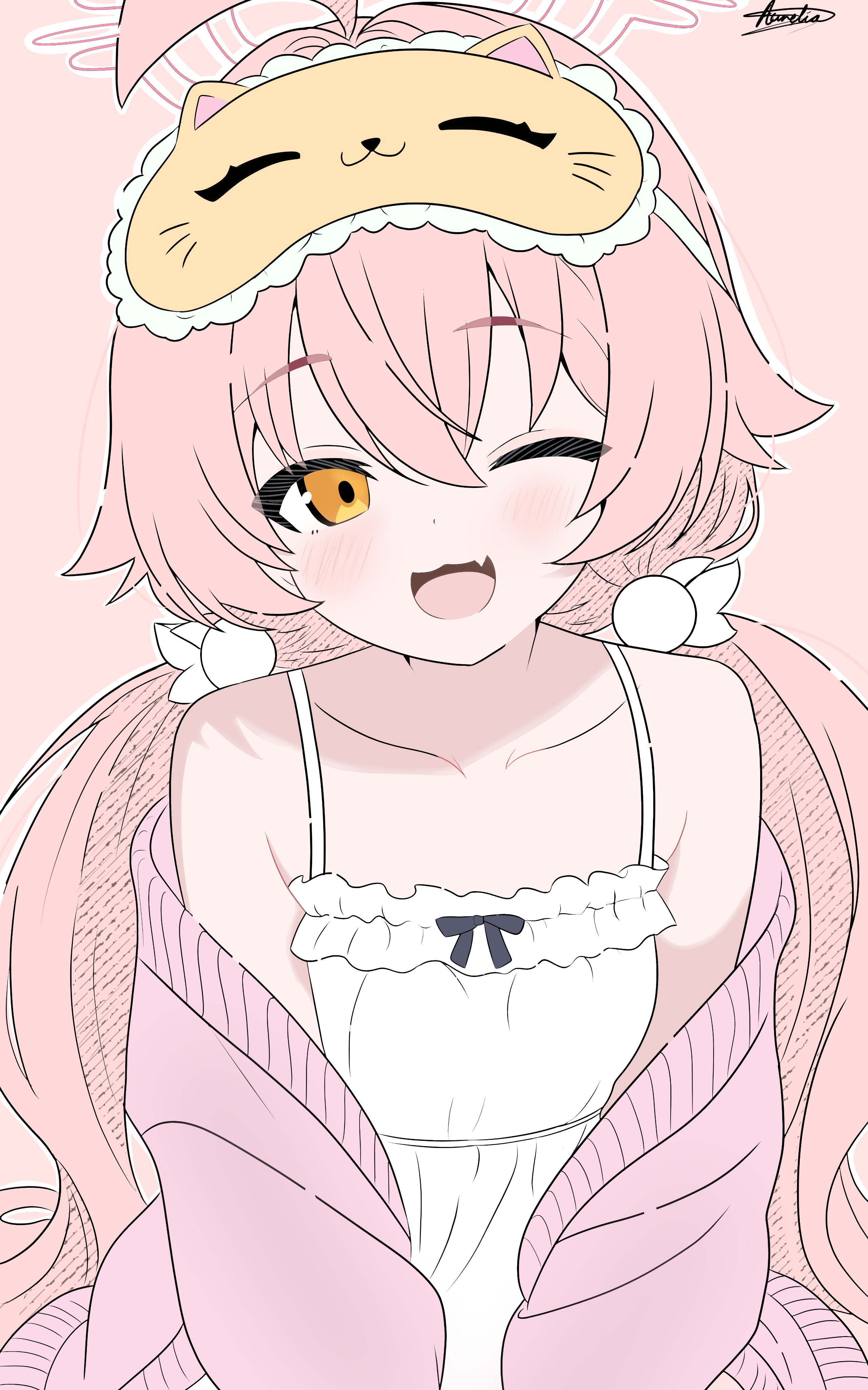 aurelia88, hoshino (blue archive), blue archive, absurdres, commentary, english commentary, highres, 1girl, ;3, ;d, ahoge, alternate costume, bare shoulders, blush, camisole, cardigan, collarbone, fang, frilled camisole, frills, hair between eyes, halo, happy, long hair, looking at viewer, low twintails, mistel (sukebemistel) (style), one eye closed, open cardigan, open clothes, open mouth, outline, pink background, pink cardigan, pink hair, pink halo, pink theme, signature, simple background, skin fang, sleep mask, smile, solo, spaghetti strap, twintails, upper body, very long hair, white camisole, white outline, yellow eyes