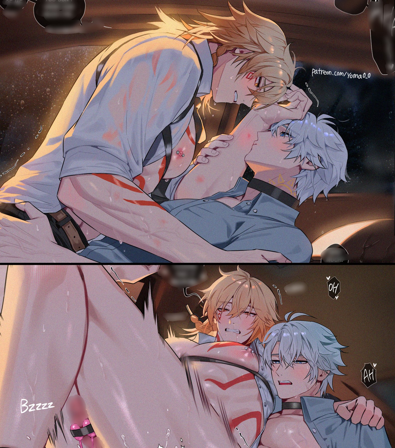 yoma 0 0, mydei (honkai: star rail), phainon (honkai: star rail), honkai: star rail, honkai (series), commentary, highres, symbol-only commentary, 2boys, antenna hair, arm tattoo, belt, black choker, black pants, blonde hair, blue eyes, blush, braid, brown belt, censored, chest strap, chest tattoo, choker, collared shirt, facial tattoo, gradient hair, grey shirt, implied sex, male focus, medium hair, multicolored hair, multiple boys, neck tattoo, open clothes, open shirt, pants, parted bangs, red hair, red tattoo, shirt, short hair, side braid, sleeves rolled up, sun symbol, sun tattoo, tan, tattoo, wet, wet clothes, wet shirt, white hair, yaoi, yellow eyes