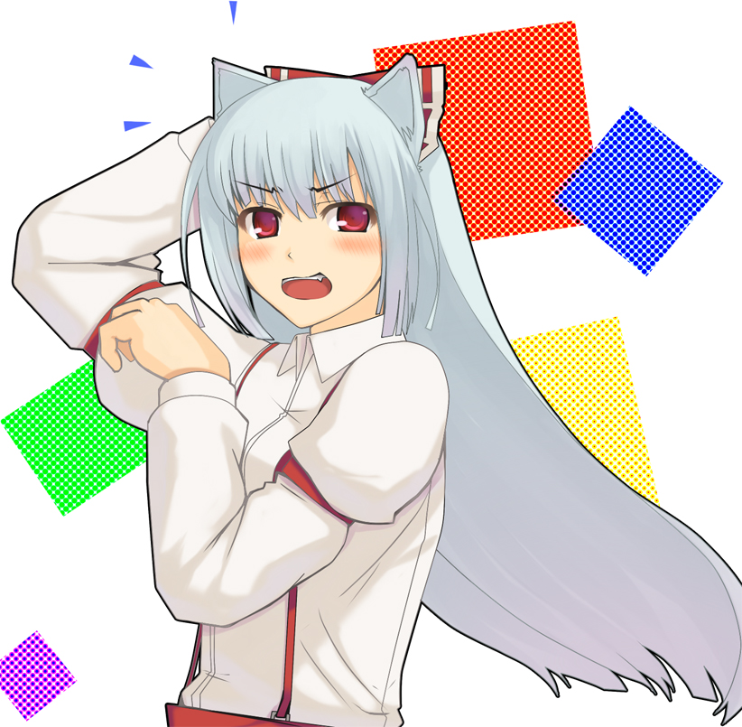 hareno chiame, fujiwara no mokou, touhou, silver hair, bad id, bad pixiv id, 1girl, animal ears, blush, bow, cat ears, cat girl, female focus, hair bow, long hair, red eyes, solo, upper body, white background