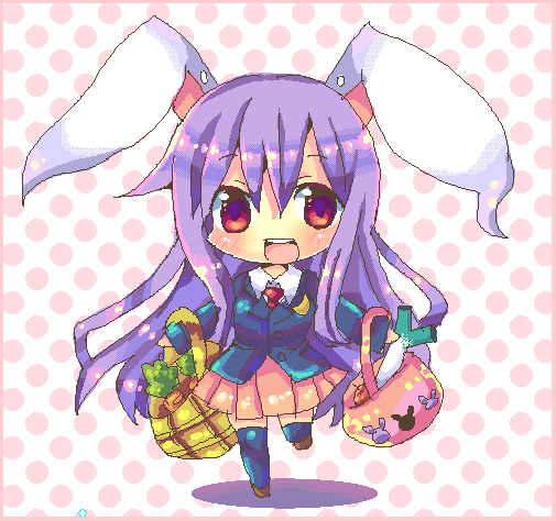 chocolat (momoiro piano), reisen udongein inaba, touhou, bad id, bad pixiv id, 1girl, animal ears, basket, blazer, carrot, chibi, female focus, full body, jacket, long hair, necktie, pleated skirt, purple hair, rabbit ears, red eyes, skirt, solo, spring onion, thighhighs, white background