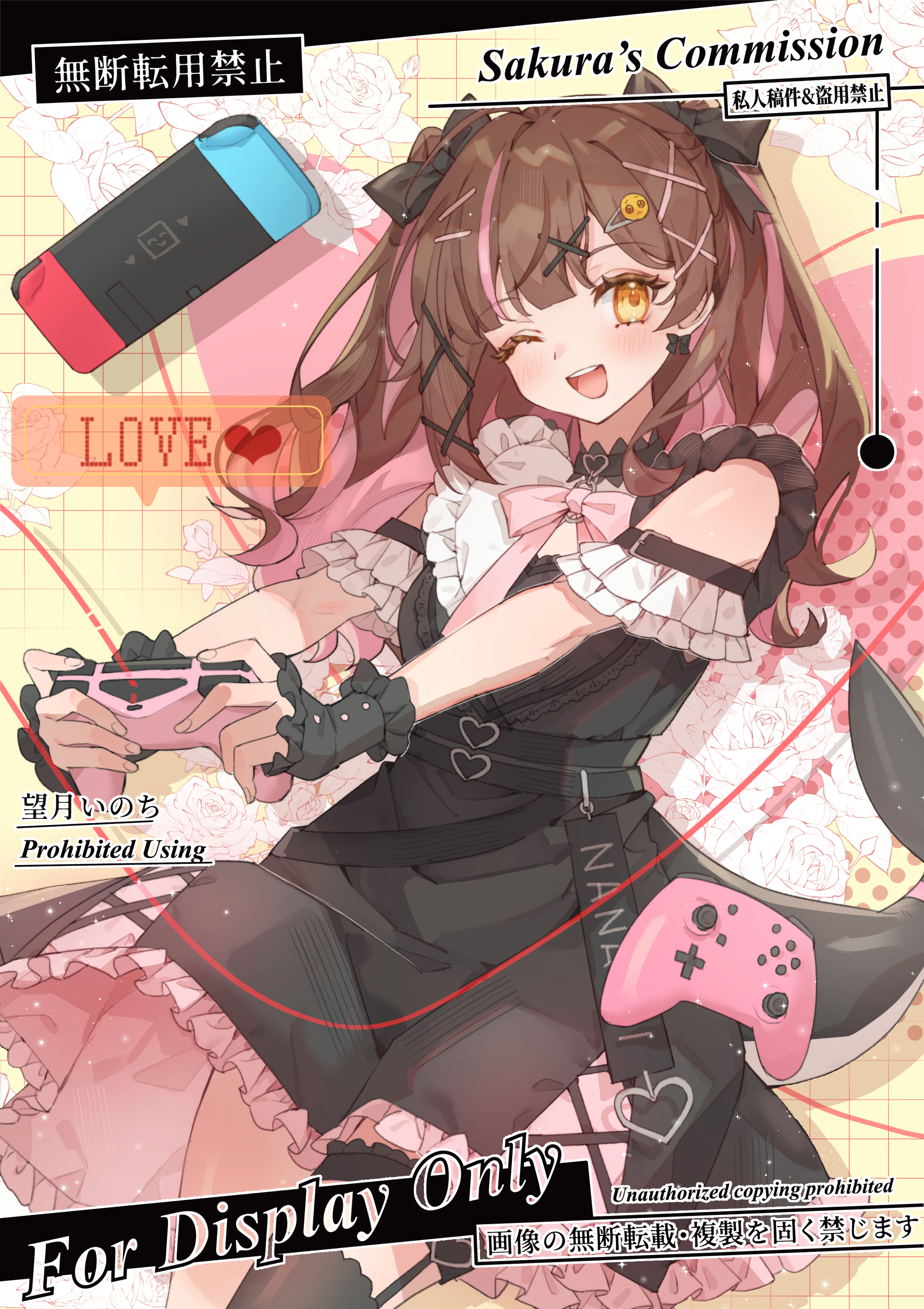 mochizuki inochi, original, absurdres, highres, 1girl, ;d, artist name, bare shoulders, black bow, black dress, blunt bangs, blush, bow, bowtie, brown hair, controller, cowboy shot, dress, frilled dress, frilled sleeves, frills, game controller, hair bow, hair ornament, heart, holding, holding controller, holding game controller, long hair, looking at viewer, multicolored hair, nintendo switch, one eye closed, open mouth, pink bow, pink bowtie, pink hair, short sleeves, smile, solo, streaked hair, teeth, two-tone hair, upper teeth only, watermark, wrist cuffs, x hair ornament, yellow eyes