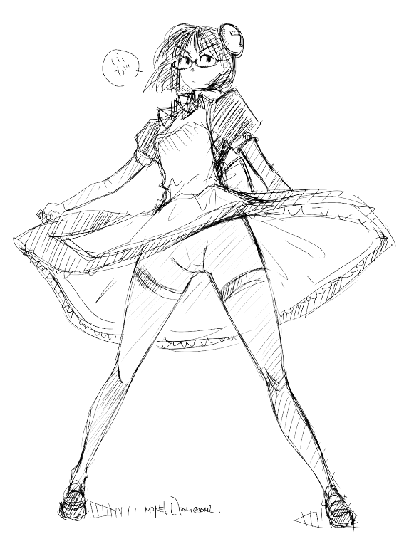 mike156, francisca (kaibutsu oujo), kaibutsu oujo, 00s, greyscale, maid, monochrome, sketch, solo, thighhighs