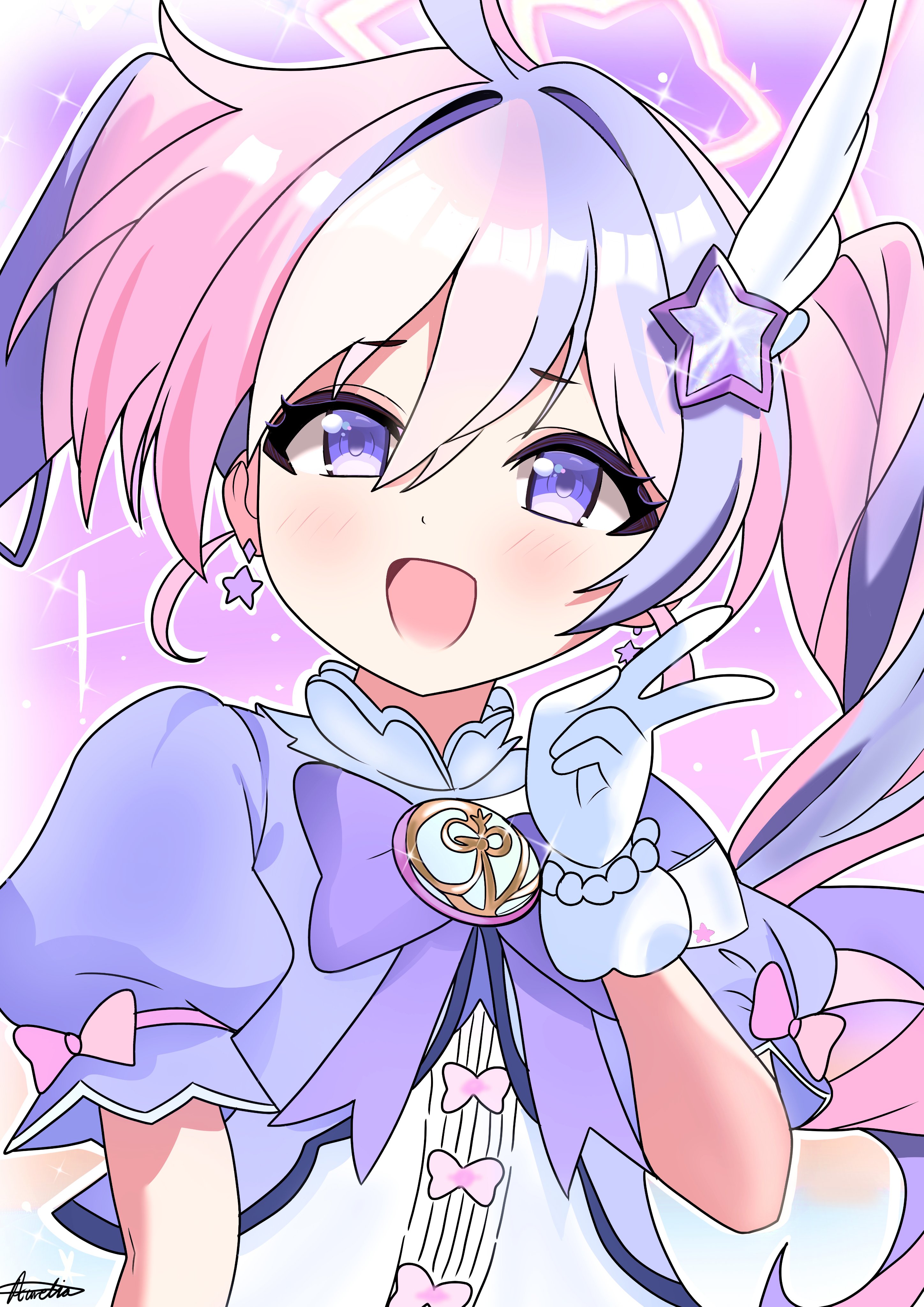 aurelia88, reisa (blue archive), reisa (magical) (blue archive), blue archive, absurdres, commentary, english commentary, highres, 1girl, :d, ahoge, blue dress, blue hair, blush, bow, dress, drill hair, earrings, eyelashes, gloves, hair between eyes, hair intakes, hair ornament, halo, hand up, happy, jewelry, long hair, magical girl, multicolored hair, official alternate costume, official alternate hairstyle, open mouth, outline, pink background, pink bow, pink hair, pink halo, puffy short sleeves, puffy sleeves, purple eyes, short eyebrows, short sleeves, signature, simple background, sleeve bow, smile, solo, sparkle, star (symbol), star earrings, star hair ornament, star halo, streaked hair, tareme, twin drills, twintails, two-tone hair, upper body, v, very long hair, white gloves, white outline, wing hair ornament