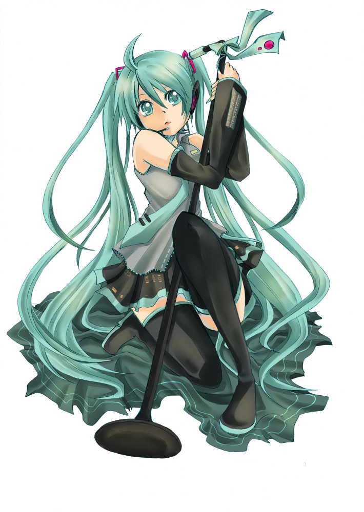amatsuki colors, hatsune miku, vocaloid, bad id, bad pixiv id, 1girl, aqua hair, female focus, long hair, microphone, microphone stand, solo, thighhighs, very long hair