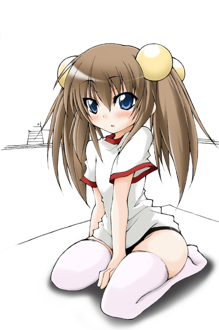 hazuki haru, original, bad id, bad pixiv id, blue eyes, blush, brown hair, gym uniform, kneeling, solo, thighhighs, twintails