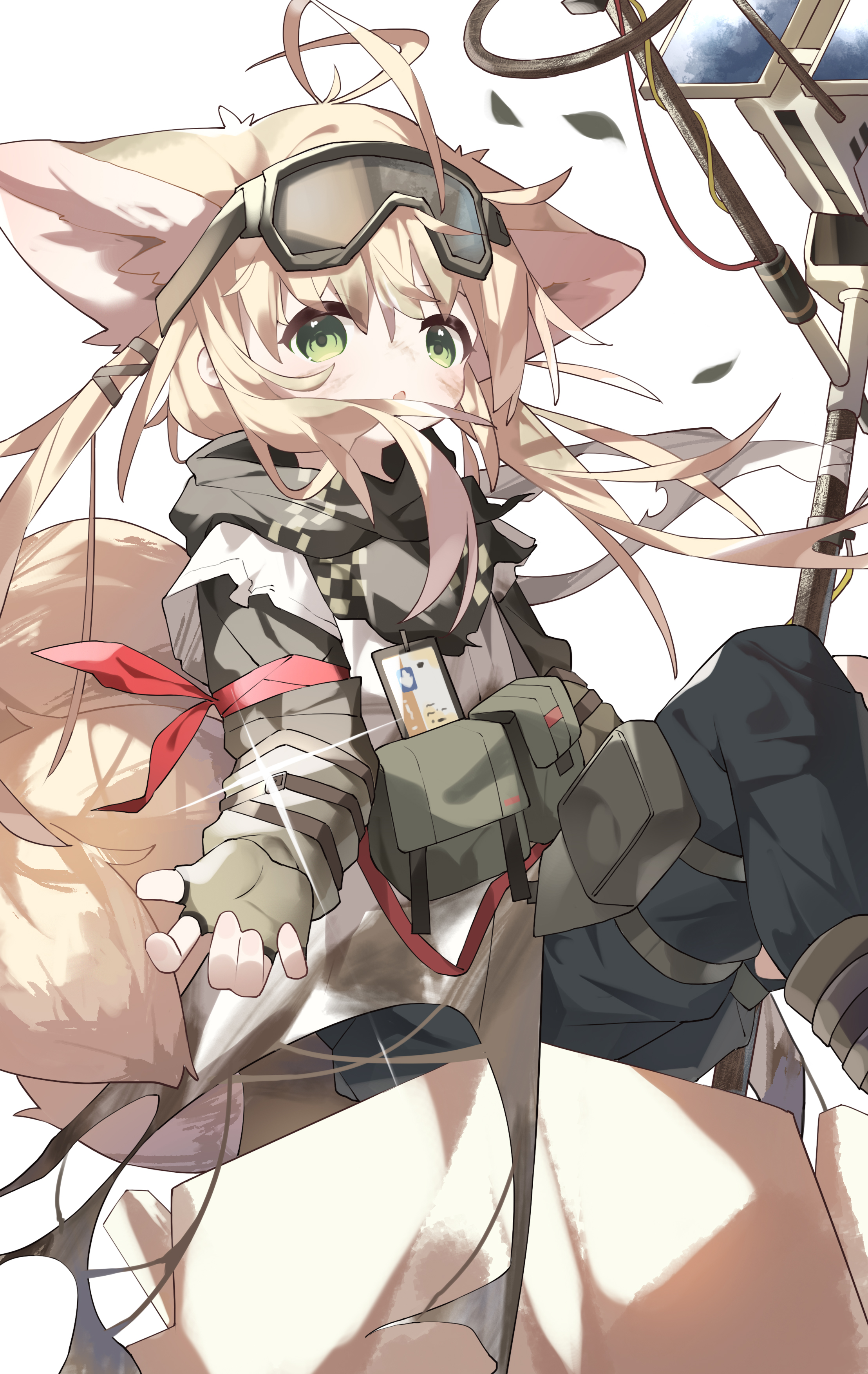 vanishedstar, suzuran (arknights), suzuran (lostlands flowering) (arknights), arknights, absurdres, chinese commentary, commentary request, highres, 1girl, animal ears, blonde hair, extra ears, fingerless gloves, fox ears, fox girl, fox tail, gloves, goggles, goggles on head, green eyes, holding, holding staff, kitsune, kyuubi, long hair, multiple tails, official alternate costume, open mouth, reaching, reaching towards viewer, simple background, solo, staff, tail, twintails, white background