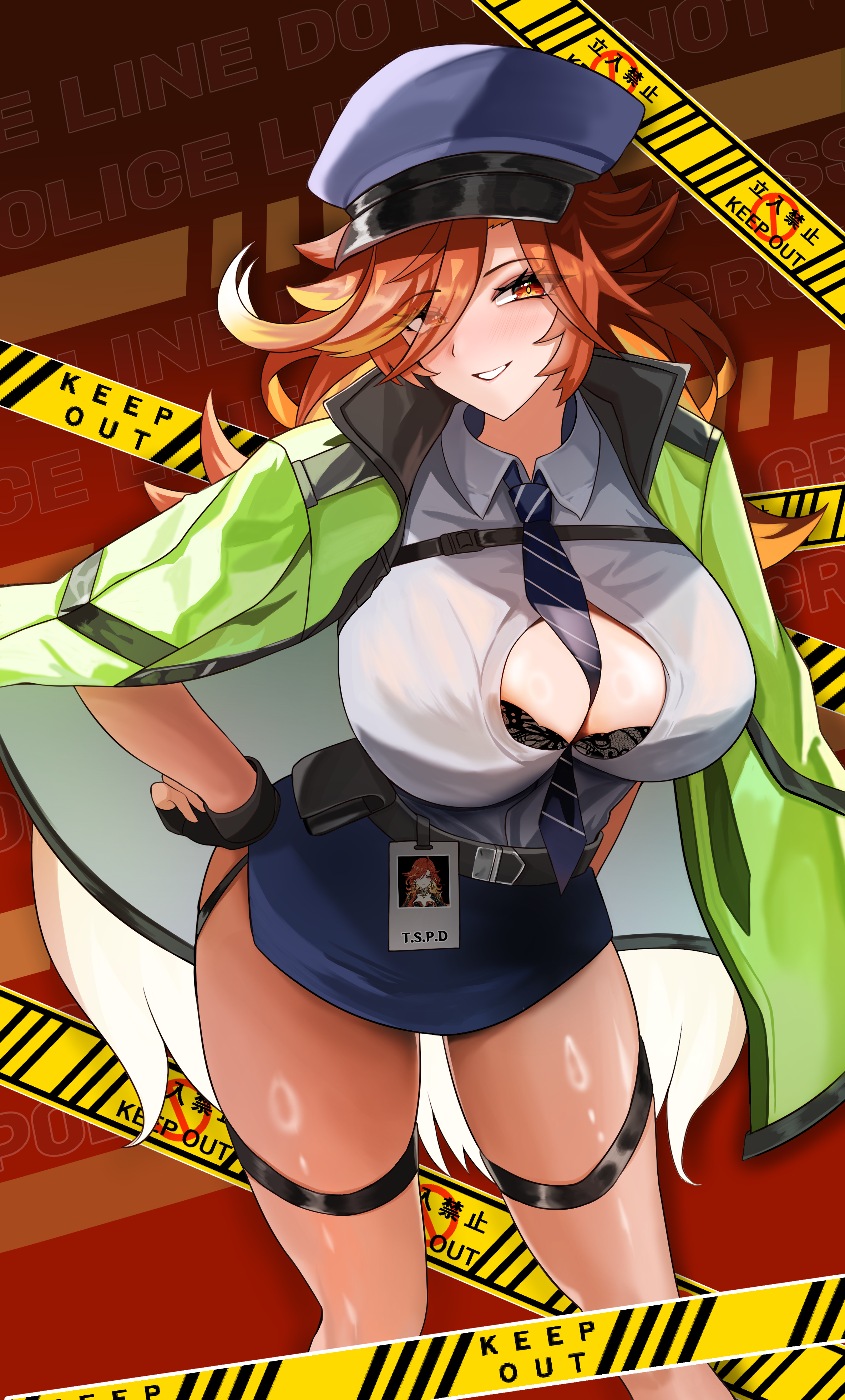 sevenninet47503, mavuika (genshin impact), genshin impact, absurdres, commentary request, highres, 1girl, alternate costume, between breasts, black bra, blue necktie, blue skirt, bra, breasts, caution tape, cleavage, green jacket, hat, id photo, jacket, keep out, large breasts, long hair, miniskirt, necktie, necktie between breasts, pencil skirt, police, police hat, police uniform, policewoman, red background, red eyes, red hair, shirt, skirt, smile, solo, symbol-shaped pupils, thigh strap, thighs, underwear, white shirt