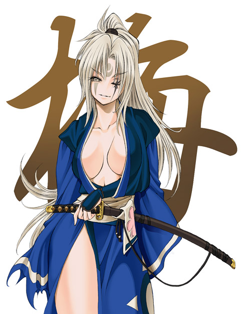 bibyo, baiken, arc system works, guilty gear, 1girl, alternate color, bee, breasts, breasts apart, bug, cleavage, female focus, grey eyes, grey hair, insect, japanese clothes, katana, kimono, large breasts, open clothes, open kimono, ponytail, sheath, sheathed, smirk, solo, sword, weapon