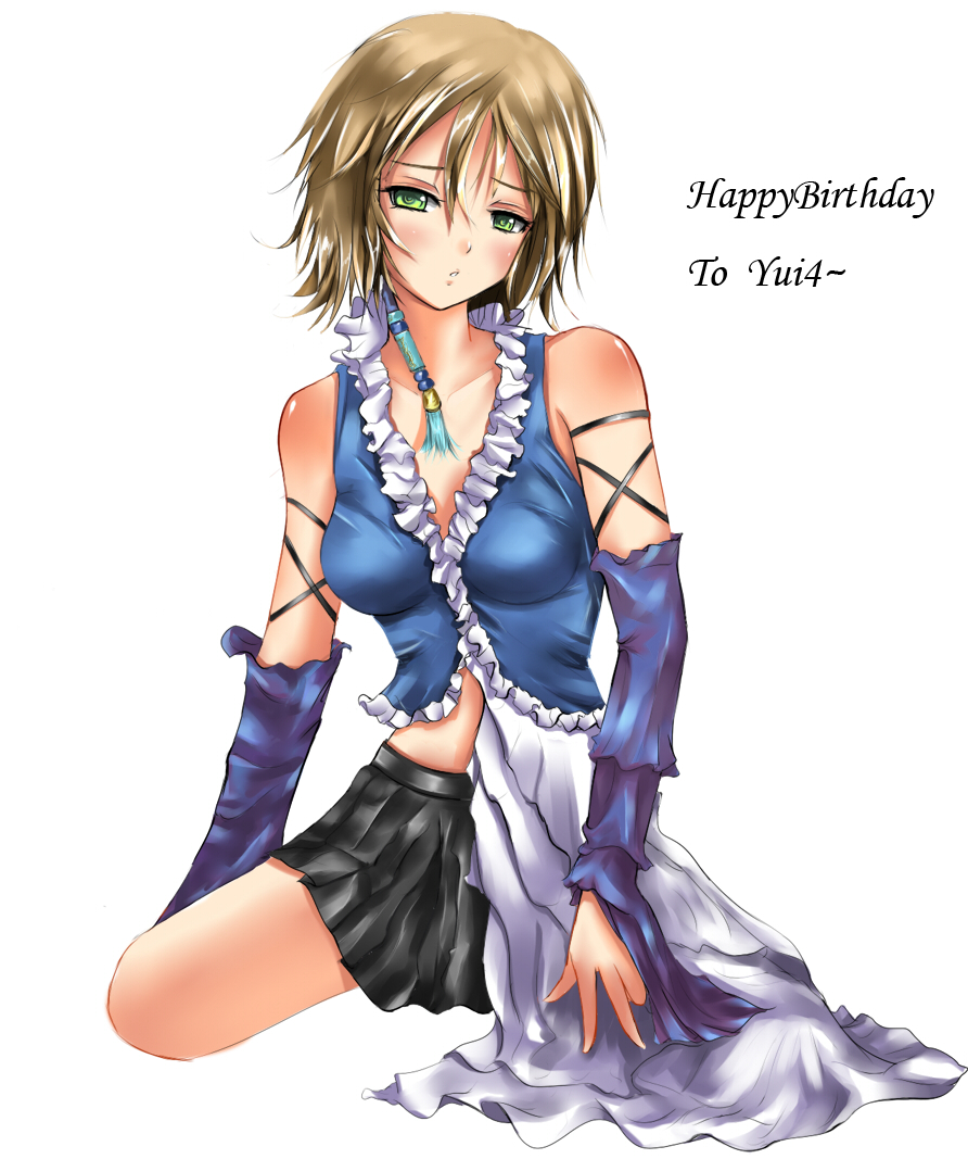 demonk, yuna, yuna (ff10), final fantasy, final fantasy x, final fantasy x-2, 00s, 1girl, alternate costume, blush, braid, breasts, brown hair, detached sleeves, female focus, green eyes, short hair, skirt, solo