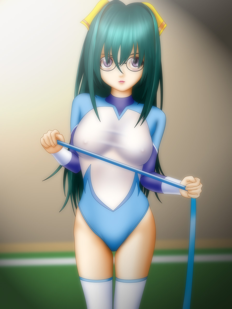 samejima makoto, samejima minoru, kannagi itsuki, shimoyama mutsumi, sora wo kakeru shoujo, highres, 00s, 1girl, black eyes, breasts, covered erect nipples, female focus, glasses, green hair, gymnastics, leotard, long hair, medium breasts, purple eyes, rhythmic gymnastics, ribbon, ribbon baton, see-through clothes, solo, thighhighs