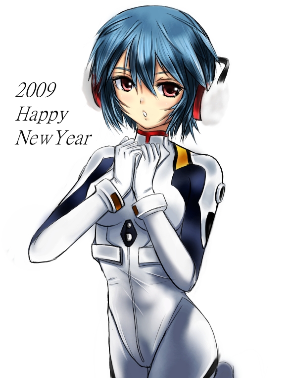 demonk, ayanami rei, neon genesis evangelion, blue hair, blush, earmuffs, mecha pilot suit, plugsuit (evangelion), red eyes, solo