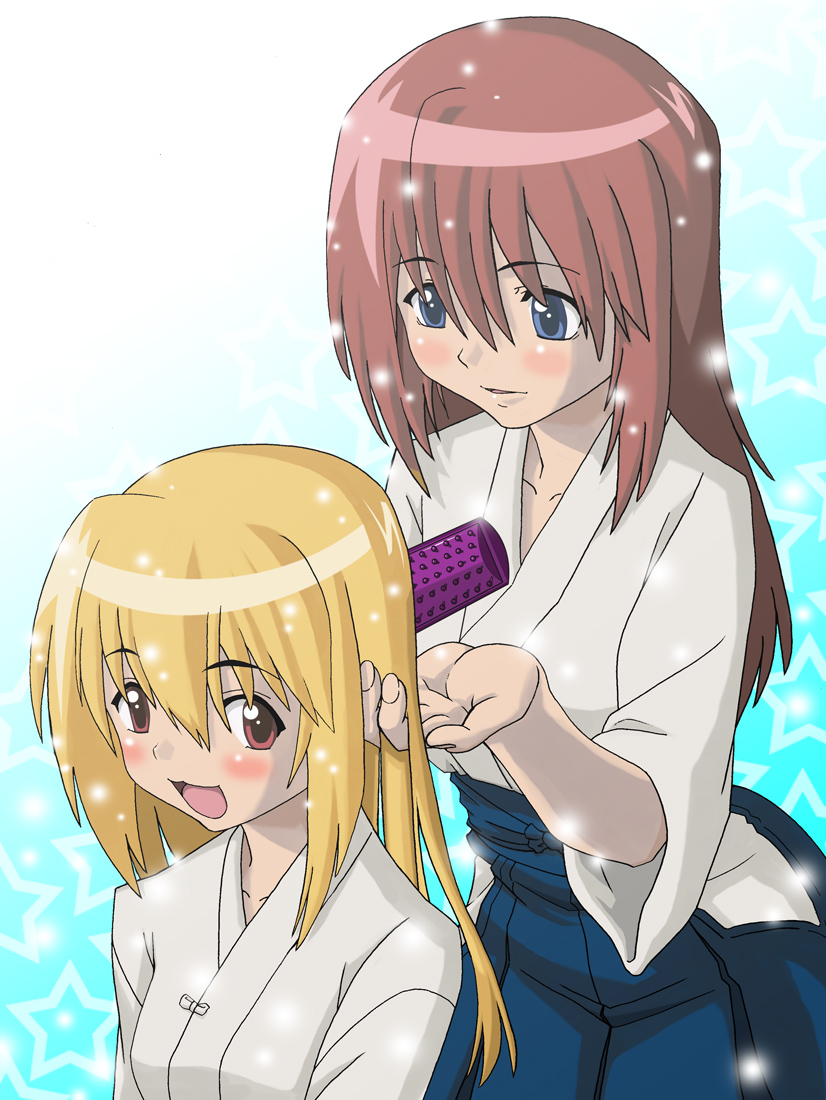 amane takashi, chiba kirino, kuwahara sayako, bamboo blade, 00s, 2girls, blonde hair, blue eyes, blush, brushing hair, multiple girls, open mouth, red hair