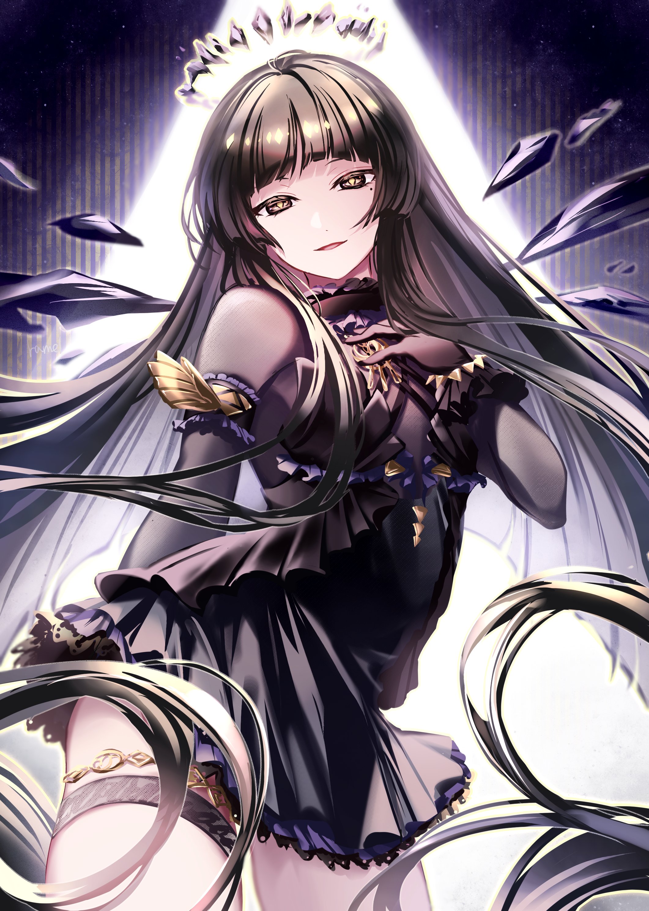 ramel, virtuosa (arknights), virtuosa (diversity oneness) (arknights), arknights, absurdres, commentary request, highres, revision, 1girl, black dress, black eyes, black gloves, black hair, black halo, cowboy shot, dark halo, dress, frills, gloves, gold, halo, long hair, looking at viewer, mole, mole under eye, official alternate costume, scanlines, solo, standing, thigh strap, very long hair, yellow pupils
