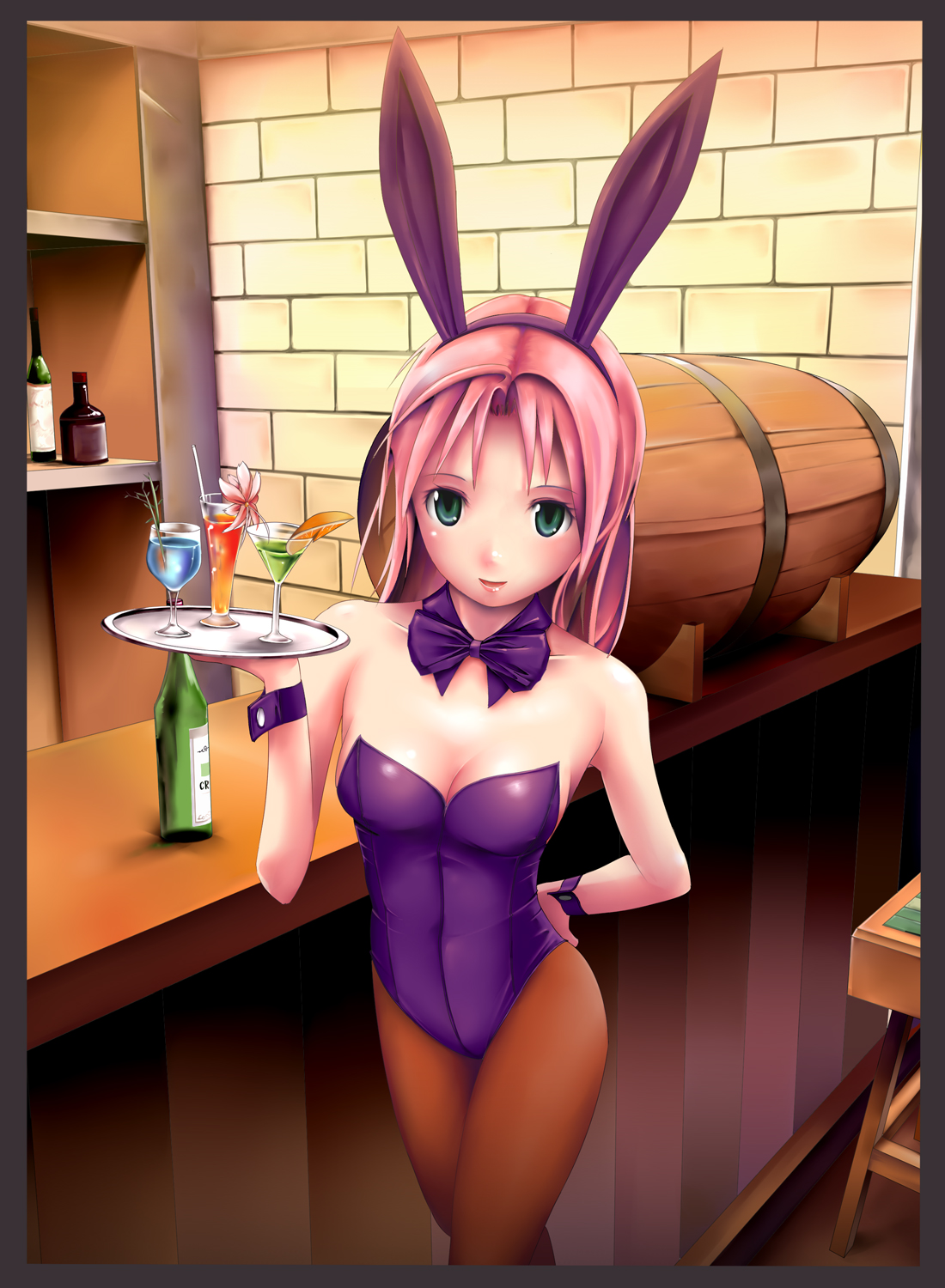 mogmog, master of epic, bad id, bad pixiv id, highres, 00s, 1girl, animal ears, chalice, cup, drink, fake animal ears, female focus, green eyes, pantyhose, pink hair, playboy bunny, rabbit ears, short hair, solo, tray
