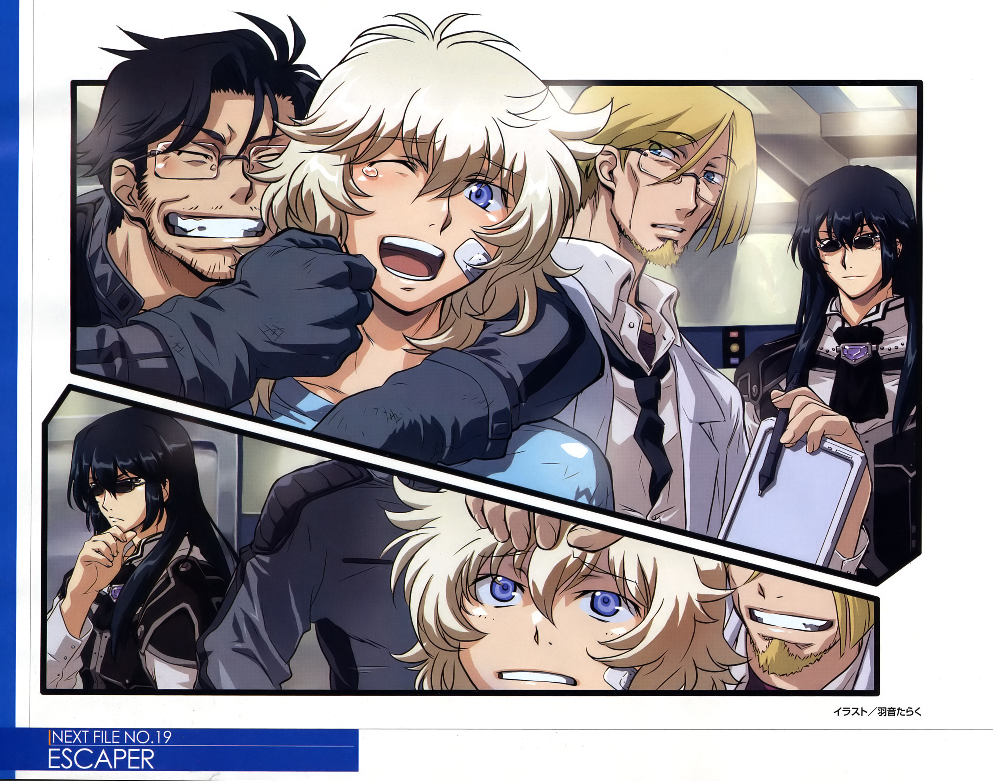 uon taraku, grave violento, hixar fermi, ian vashti, joyce b. moreno, gundam, gundam 00, gundam 00p, absurdres, highres, scan, 00s, 4boys, beard, facial hair, glasses, male focus, multiple boys, sunglasses