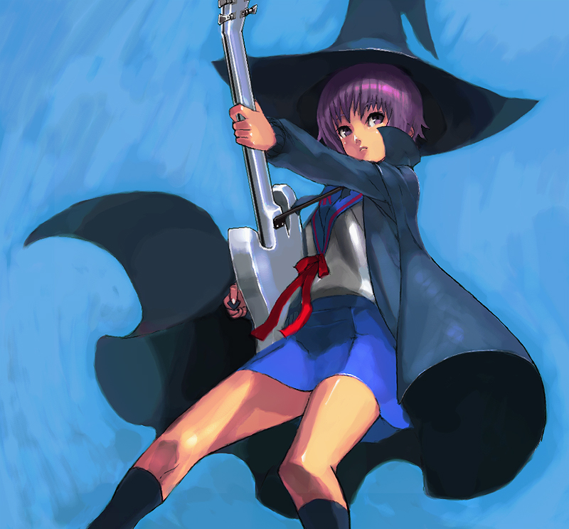 sochie, nagato yuki, gibson sg, suzumiya haruhi no yuuutsu, 00s, bass guitar, cape, cloak, electric guitar, guitar, hat, instrument, kneehighs, purple eyes, purple hair, school uniform, serafuku, short hair, skirt, socks, solo, witch, witch hat