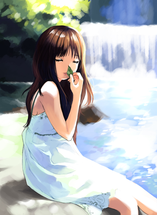 cuteg, brown hair, closed eyes, dress, flat chest, leaf, long hair, river, rock, solo, tree, water, waterfall