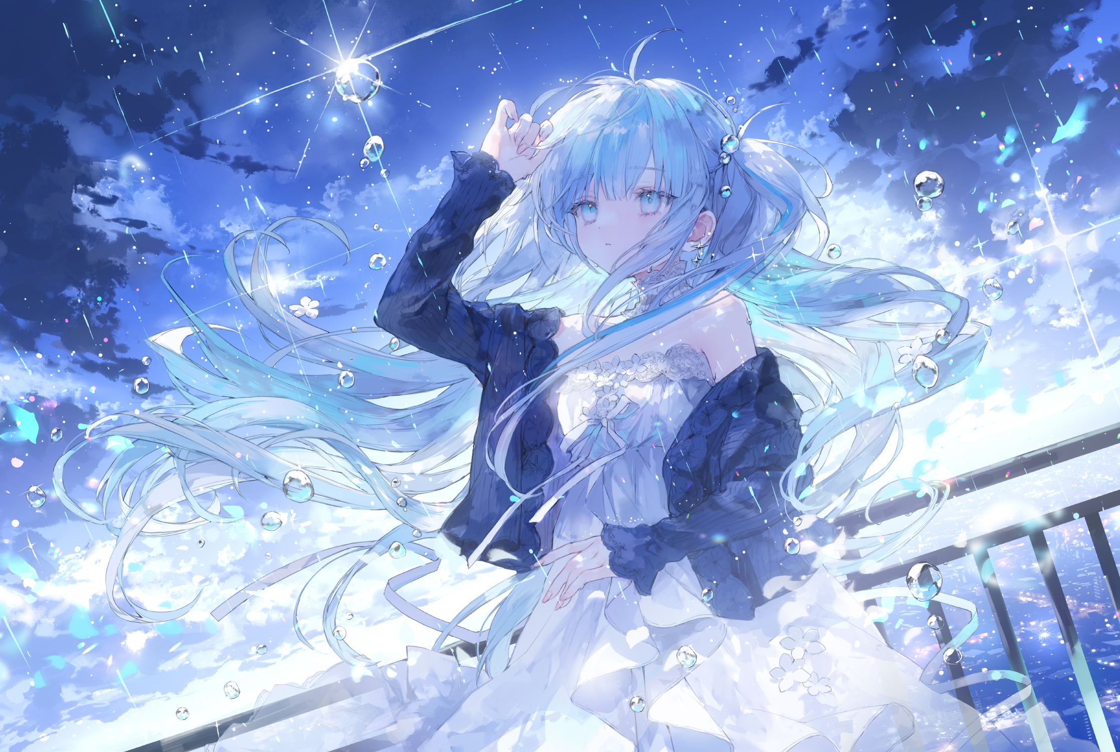 onineko, original, commentary request, highres, 1girl, arm up, bare shoulders, black jacket, blue eyes, blue hair, blue sky, cloud, dress, grey hair, jacket, long hair, multicolored hair, off shoulder, one side up, open clothes, open jacket, outdoors, railing, sky, solo, strapless, strapless dress, streaked hair, very long hair, water, water drop, white dress