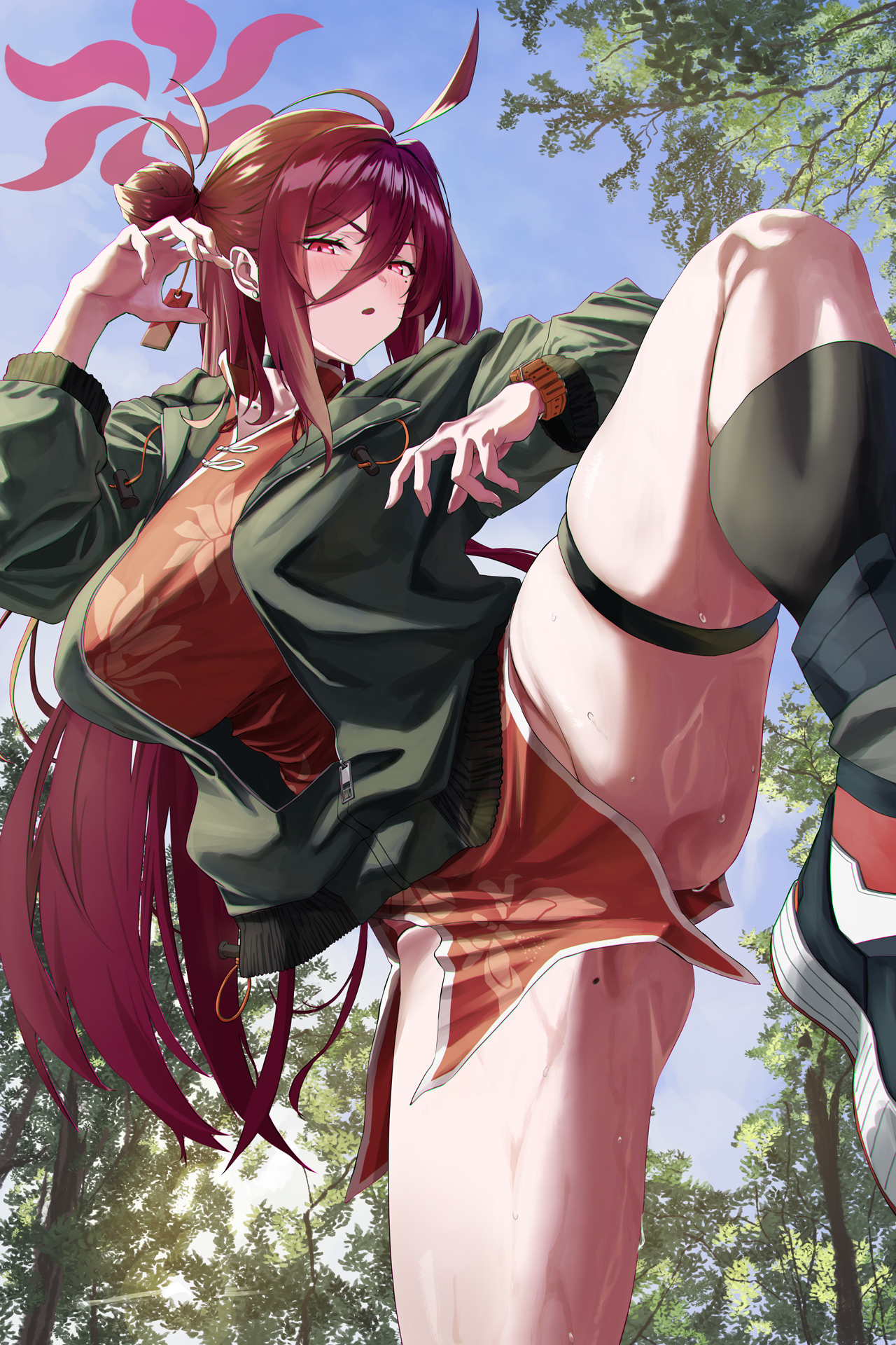 bocchi (kuropom7), reijo (blue archive), blue archive, highres, 1girl, ahoge, black shoes, black socks, blush, breasts, china dress, chinese clothes, dress, fighting stance, green jacket, hair between eyes, hair bun, halo, jacket, kneehighs, large breasts, leg up, long hair, mole, mole on thigh, open mouth, pelvic curtain, red dress, red eyes, red hair, red halo, shoes, sidelocks, single side bun, sneakers, socks, solo, sweat, thigh strap