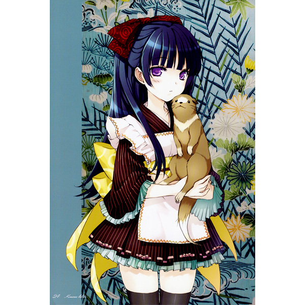cuteg, blue hair, bow, bowtie, long hair, purple eyes, solo, thighhighs