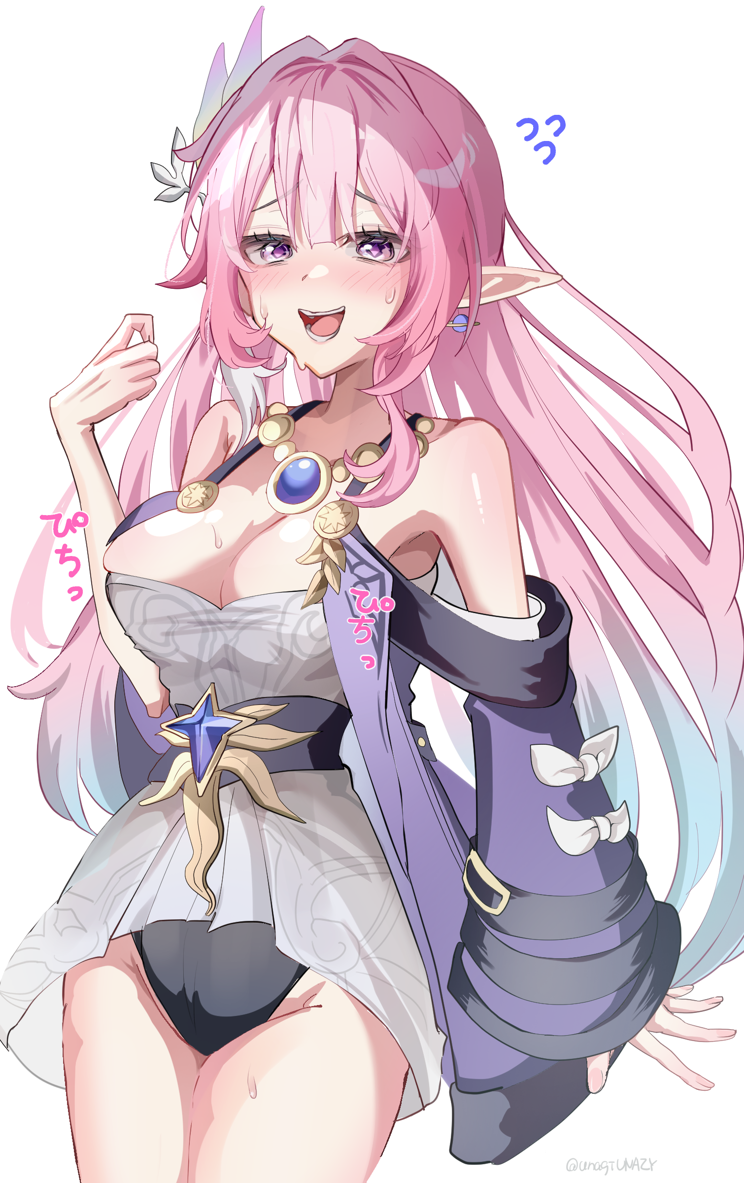 chuuna (unagiunazy), cyrene (honkai: star rail), cyrene (ripples of past reverie) (honkai: star rail), honkai: star rail, honkai (series), absurdres, commentary request, highres, 1girl, bare shoulders, black leotard, breasts, cleavage, coat, cyrene (aedes elysiae) (honkai: star rail), diamond-shaped pupils, diamond (shape), dress, jewelry, large breasts, leotard, leotard under clothes, long hair, looking at viewer, multicolored hair, necklace, pink hair, pointy ears, purple coat, purple eyes, self cosplay, simple background, solo, symbol-shaped pupils, thighs, two-tone hair, very long hair, white background, white dress, white hair