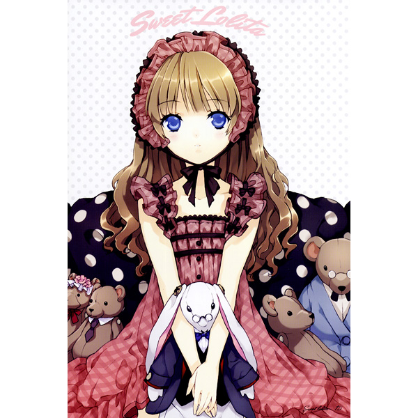 cuteg, 1girl, blonde hair, blue eyes, dress, female focus, gothic lolita, hairband, lolita fashion, long hair, solo, stuffed animal, stuffed rabbit, stuffed toy, sweet lolita, teddy bear, wavy hair