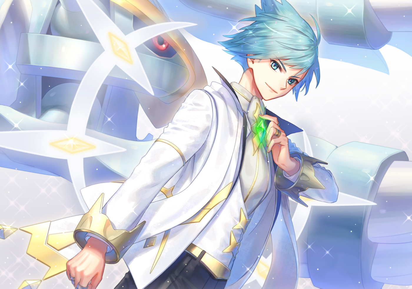 noshigi (nosi gi), mega metagross, metagross, steven stone, steven stone (arc suit), nintendo, pokemon, pokemon masters ex, commentary request, 1boy, belt, black pants, blue eyes, blue hair, closed mouth, collared shirt, gem, gen 3 pokemon, green gemstone, hand up, jacket, jewelry, long sleeves, male focus, mega pokemon, official alternate costume, open clothes, open jacket, pants, pokemon (creature), ring, shirt, short hair, smile, sparkle, vest, white jacket, yellow belt