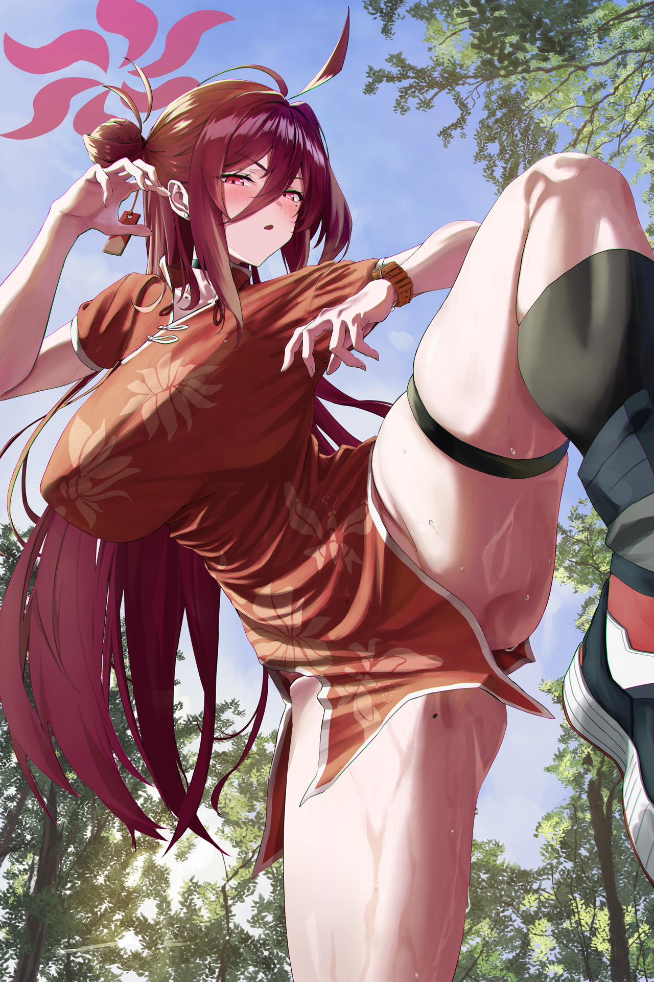 bocchi (kuropom7), reijo (blue archive), blue archive, highres, 1girl, ahoge, black shoes, black socks, blush, breasts, china dress, chinese clothes, dress, fighting stance, hair between eyes, hair bun, halo, kneehighs, large breasts, leg up, long hair, mole, mole on thigh, open mouth, pelvic curtain, red dress, red eyes, red hair, red halo, shoes, short sleeves, sidelocks, single side bun, sneakers, socks, solo, sweat, thigh strap