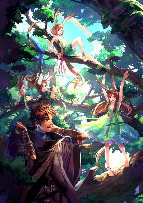 toichi (ik07), pixiv fantasia, pixiv fantasia 3, bad id, bad pixiv id, 4girls, 5girls, animal ears, belt, bird, brown hair, dress, forest, long hair, multiple girls, nature, rainbow, red eyes, sitting, smile