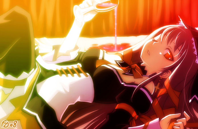 bailknight, djmax, djmax portable, 1girl, alcohol, bow, bowtie, breasts, cleavage, corset, female focus, gothic lolita, lolita fashion, long hair, red eyes, red hair, ribbon, solo, wine