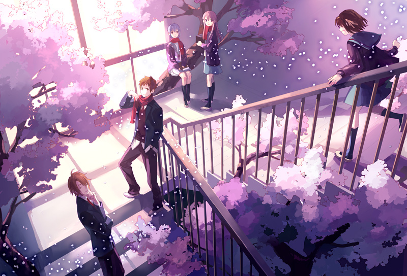 toichi (ik07), asahina mikuru, koizumi itsuki, kyon, nagato yuki, suzumiya haruhi, suzumiya haruhi no yuuutsu, bad id, bad pixiv id, 00s, 2boys, 3girls, blue hair, brown hair, cardigan, cherry blossoms, closed eyes, hair ribbon, in tree, kneehighs, long hair, multiple boys, multiple girls, pink hair, ribbon, scarf, school uniform, serafuku, short hair, sitting, sitting in tree, skirt, smile, socks, stairs, tree, window