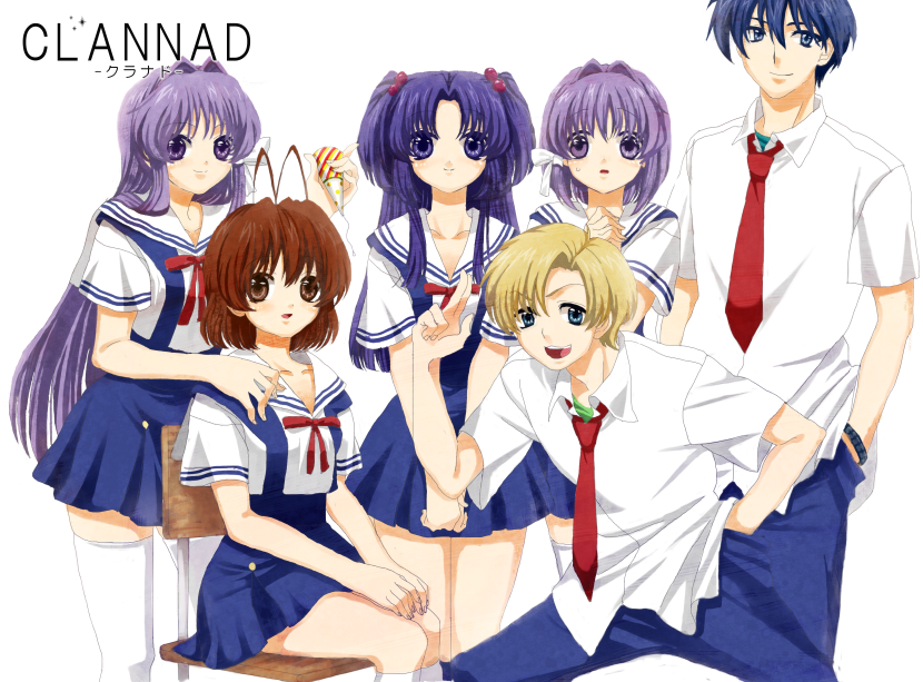 shiroshiro, fujibayashi kyou, fujibayashi ryou, furukawa nagisa, ichinose kotomi, okazaki tomoya, sunohara youhei, clannad, bad id, bad pixiv id, 00s, 2boys, 4girls, multiple boys, multiple girls, school uniform, siblings, sisters, twins