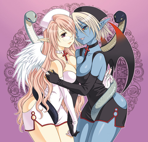 bibyo, silver rain, lowres, 2girls, angel, angel and devil, angel wings, bee, blonde hair, blue eyes, blue skin, breast press, breasts, bug, cleavage, collar, colored skin, couple, cross, demon girl, demon wings, dress, elbow gloves, glasses, gloves, hat, insect, large breasts, long hair, multiple girls, nurse, nurse cap, pink hair, pointy ears, red eyes, shiny skin, short dress, short hair, smile, snake, symmetrical docking, syringe, wings, yuri