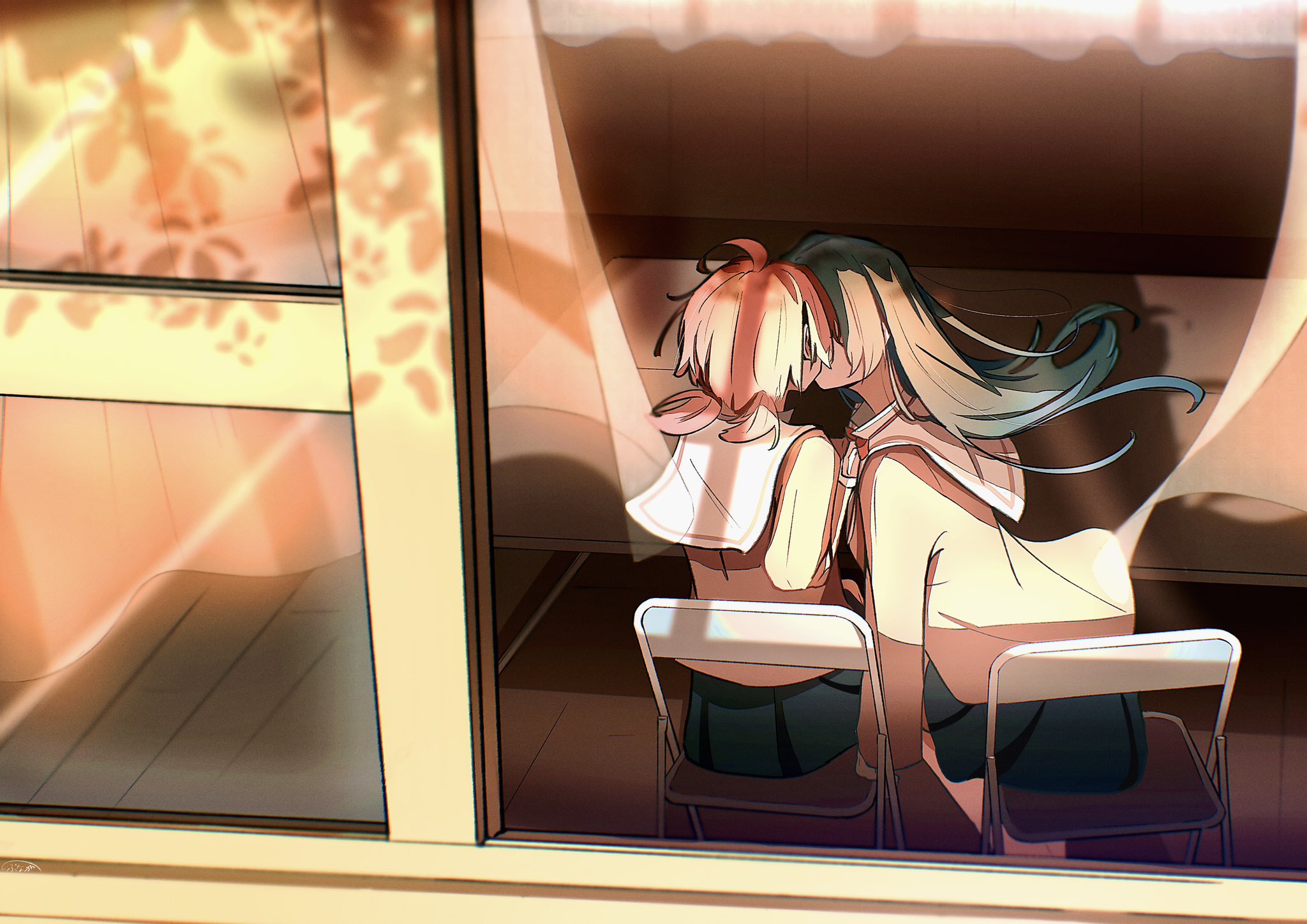 koito yuu, nanami touko, yagate kimi ni naru, commentary, hashtag-only commentary, highres, 2girls, black skirt, brown shirt, chair, curtains, dusk, floating hair, folding chair, from outside, green hair, indoors, kiss, long hair, long sleeves, multiple girls, nobunaga (nbng g), pink hair, pleated skirt, sailor collar, shirt, short twintails, skirt, twintails, white sailor collar, yuri