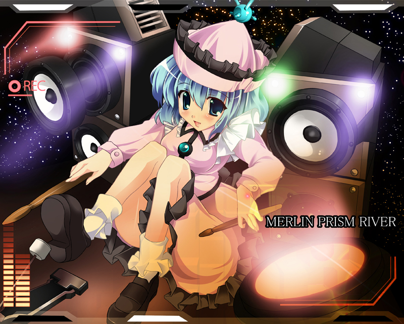 kurume shou, merlin prismriver, touhou, bad id, bad pixiv id, 1girl, blue eyes, blue hair, drumsticks, female focus, hat, matching hair/eyes, recording, solo, speaker