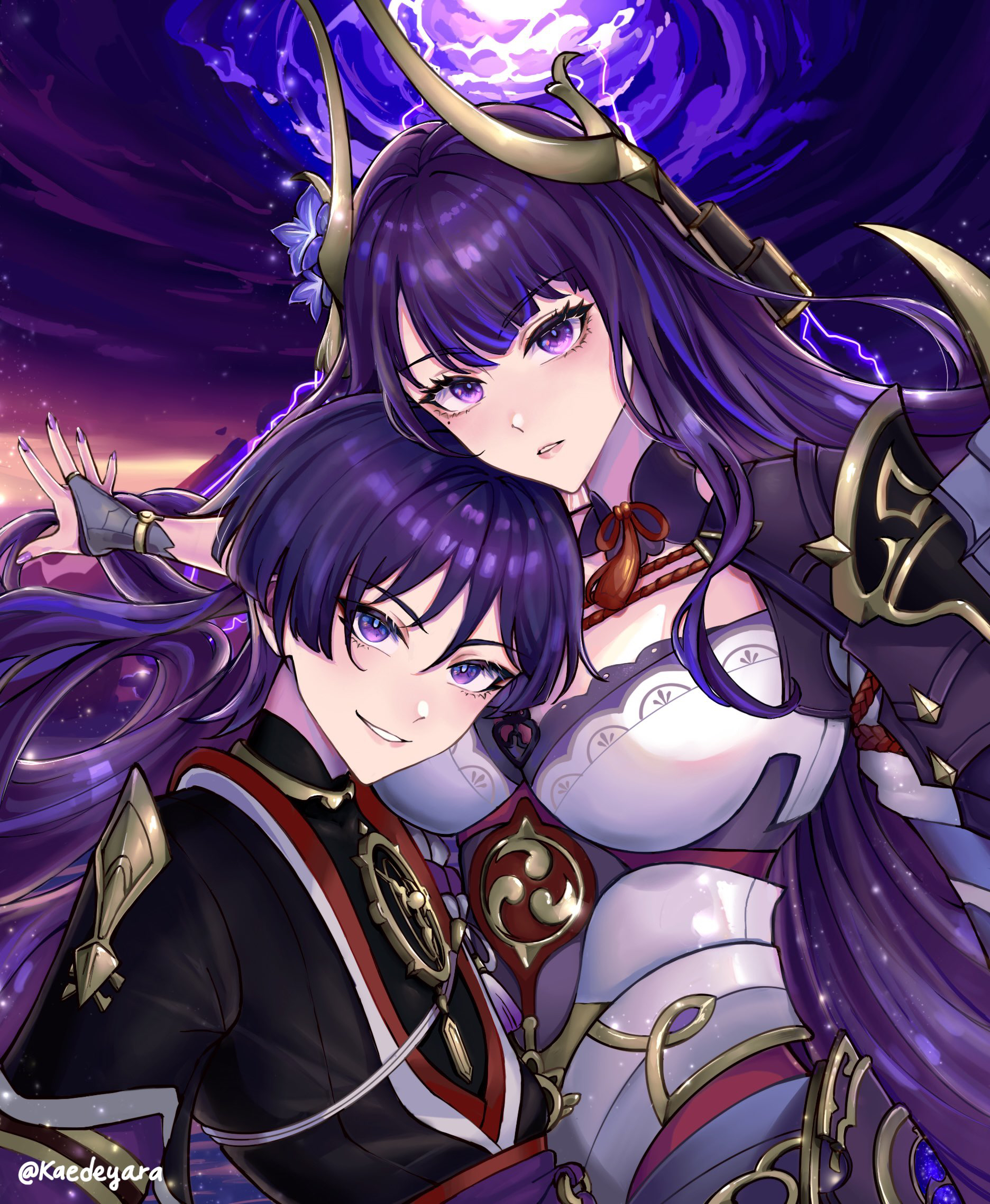 kaedeyara, raiden shogun, raiden shogun (magatsu mitake narukami no mikoto), scaramouche (genshin impact), genshin impact, commentary, english commentary, highres, 1boy, 1girl, armor, artist name, breasts, cloud, cloudy sky, eyelashes, hair between eyes, headgear, japanese armor, japanese clothes, large breasts, long hair, looking at viewer, mitsudomoe (shape), mole, mole under eye, nail polish, official alternate costume, outdoors, parted lips, purple eyes, purple hair, purple nails, purple sky, sky, storm, tassel, tomoe (symbol), twitter username, upper body, very long hair