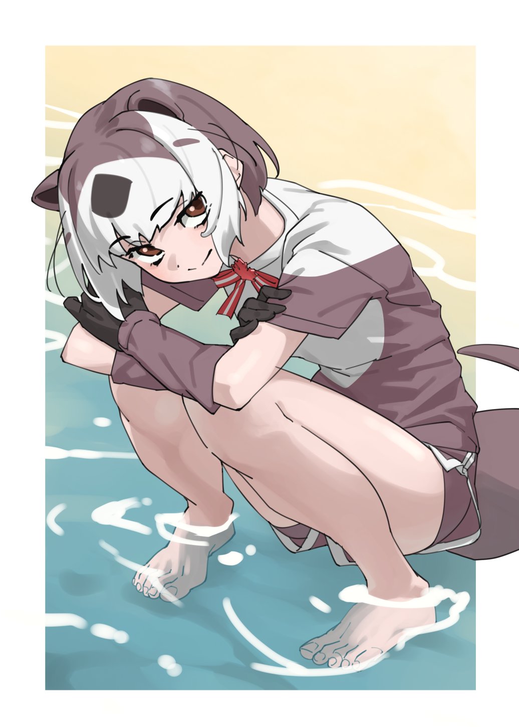 tanabe (fueisei), north american river otter (kemono friends), kemono friends, highres, 1girl, animal ears, barefoot, bike shorts, bike shorts under shorts, bow, bowtie, brown eyes, brown gloves, brown hair, brown shirt, brown shorts, crossed arms, dolphin shorts, extra ears, gloves, hair between eyes, looking at viewer, looking up, multicolored hair, otter ears, otter girl, otter tail, red bow, red bowtie, shirt, short hair, short sleeves, shorts, sidelocks, smile, solo, squatting, t-shirt, tail, two-tone hair, two-tone shirt, white hair, white shirt