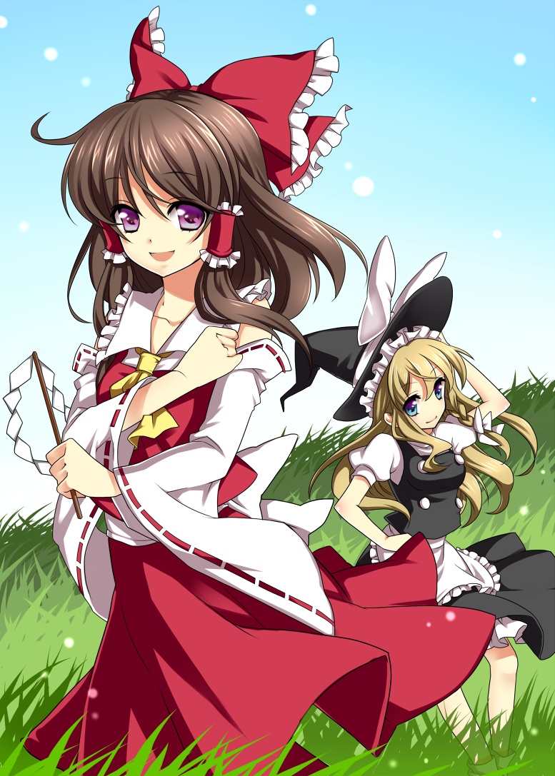 masaru.jp, hakurei reimu, kirisame marisa, touhou, bad id, bad pixiv id, 2girls, blonde hair, blue eyes, braid, brown hair, detached sleeves, female focus, gohei, hat, japanese clothes, long hair, miko, multiple girls, ribbon, witch, witch hat