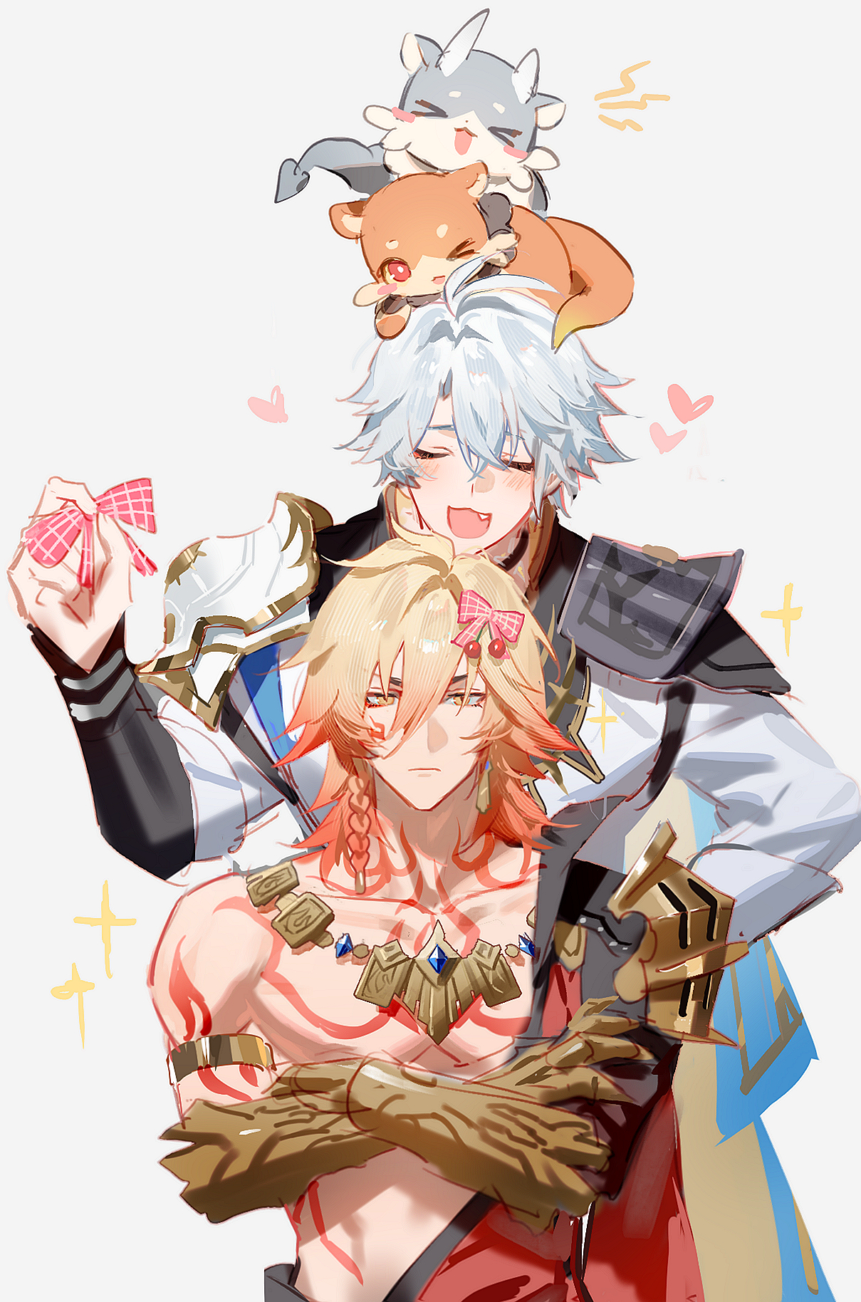 suirandanshihao, mydei (fig stew) (honkai: star rail), mydei (honkai: star rail), phainon (honkai: star rail), phainon (vigethos) (honkai: star rail), honkai: star rail, honkai (series), highres, 2boys, antenna hair, arm tattoo, armlet, armor, black choker, black coat, black shirt, blonde hair, blush, braid, chest tattoo, chimera (honkai: star rail), choker, clawed gauntlets, closed eyes, coat, crossed arms, earrings, facial tattoo, gold earrings, gold necklace, gradient hair, grey background, jewelry, male focus, medium hair, multicolored hair, multiple boys, neck tattoo, necklace, open clothes, open coat, parted bangs, pauldrons, red hair, red tattoo, shirt, short hair, shoulder armor, side braid, simple background, single pauldron, tattoo, white coat, white hair, yaoi, yellow eyes