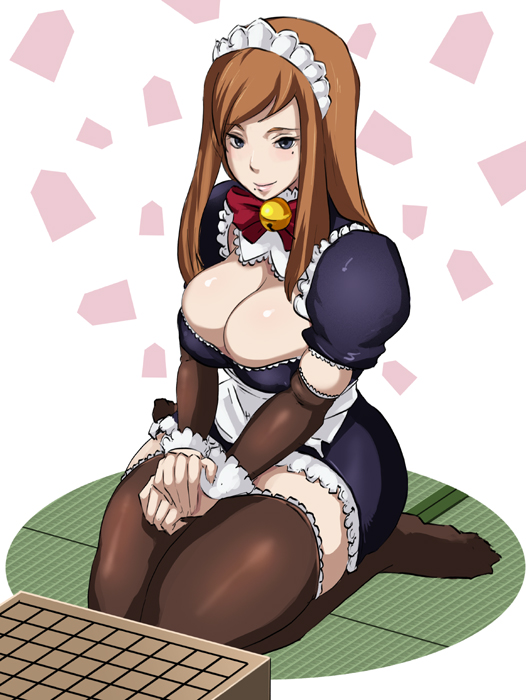 butcha-u, ukeshi, 81diver, 1girl, board game, breasts, brown hair, cleavage, curvy, female focus, go (board game), kneeling, large breasts, maid, maid headdress, mole, mole under eye, mole under mouth, shogi, solo, table, thick thighs, thighhighs, thighs