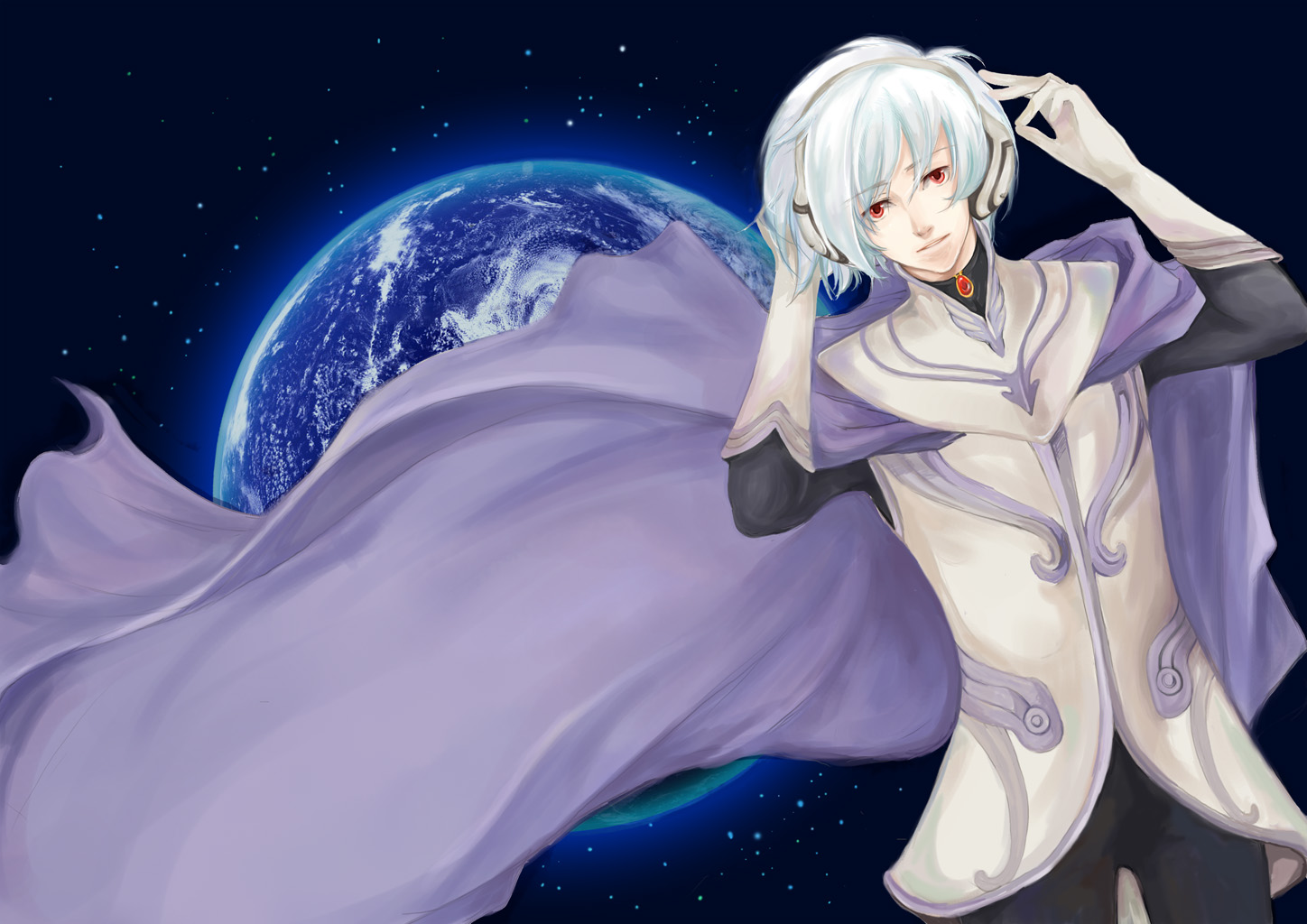 reyst, soldier blue, toward the terra, silver hair, 1boy, albino, cape, earth (planet), gloves, headphones, male focus, planet, red eyes, smile, solo, space