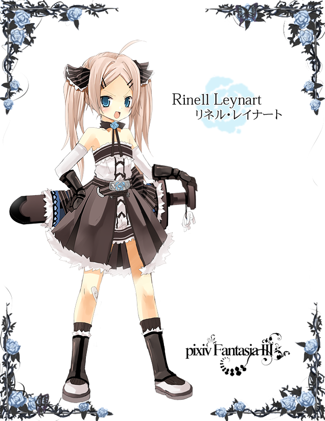 kurot, pixiv fantasia, pixiv fantasia 3, blue eyes, flower, gigandal federation, necktie, ribbon, skirt, socks, solo, sword, twintails, weapon