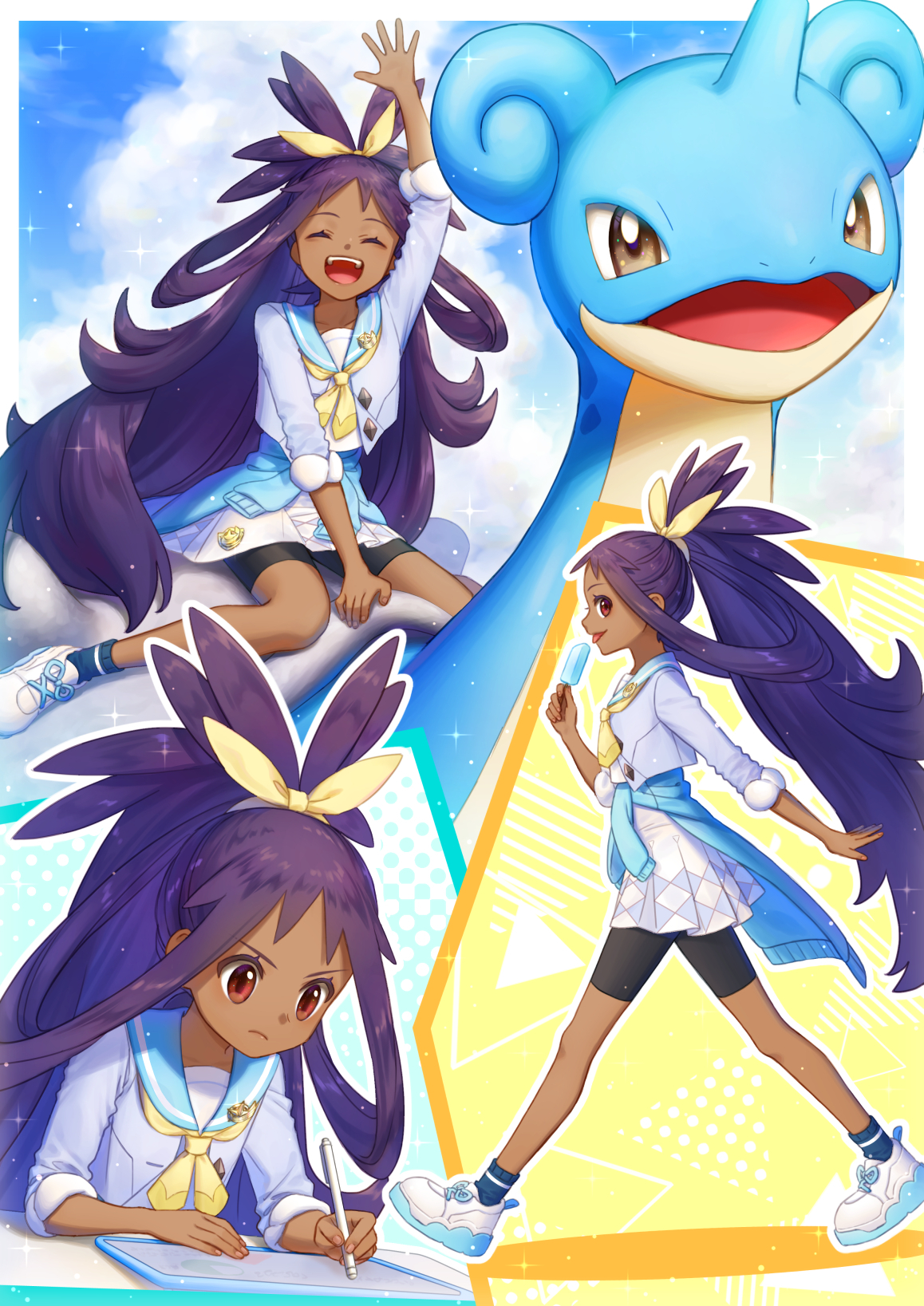 noshigi (nosi gi), iris (academy) (pokemon), iris (pokemon), lapras, nintendo, pokemon, pokemon masters ex, commentary request, highres, 1girl, :d, arm up, bike shorts under skirt, closed eyes, collared shirt, dark-skinned female, dark skin, food, gen 1 pokemon, hair rings, hand up, holding, holding stylus, long hair, looking down, multiple views, official alternate costume, open mouth, pleated skirt, pokemon (creature), popsicle, purple hair, riding, riding pokemon, shirt, shoes, sitting, skirt, smile, socks, sparkle, standing, stylus, tablet pc, teeth, three-quarter sleeves, tongue, upper teeth only, very long hair, white shoes