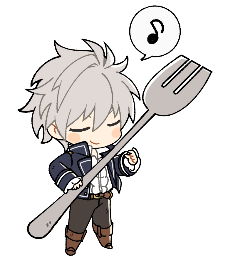 joshua von arnim, nexon, tales weaver, artist request, bad source, official art, second-party source, 1boy, ankle boots, black pants, blue jacket, blue sleeves, blush stickers, boots, brown boots, buttons, center frills, chibi, chibi only, closed eyes, eighth note, flat color, frilled sleeves, frills, full body, grey hair, hair between eyes, high collar, holding, holding spork, jacket, lapels, legs apart, male focus, musical note, open clothes, open jacket, oversized object, pants, poet shirt, popped collar, shirt, short hair, sidelighting, simple background, sleeve cuffs, smile, solo, speech bubble, spoken musical note, spork, standing, transparent background, unbuttoned jacket, white shirt